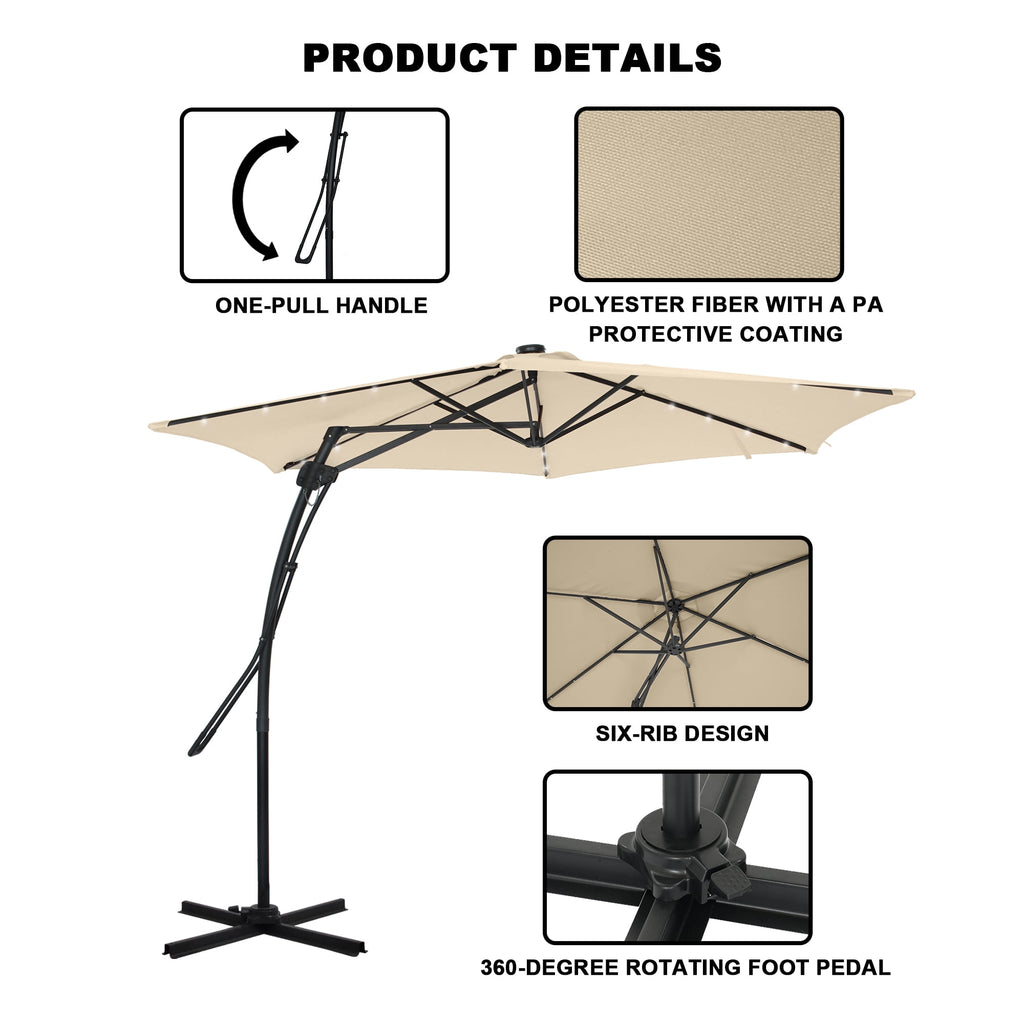 Mondawe 10ft Heavy Duty Solar Patio Umbrella with Base Included, 360° Rotation, 24 LED Lights, Outdoor Hanging Offset Cantilever Market Sun Shade Umbrella, Beige