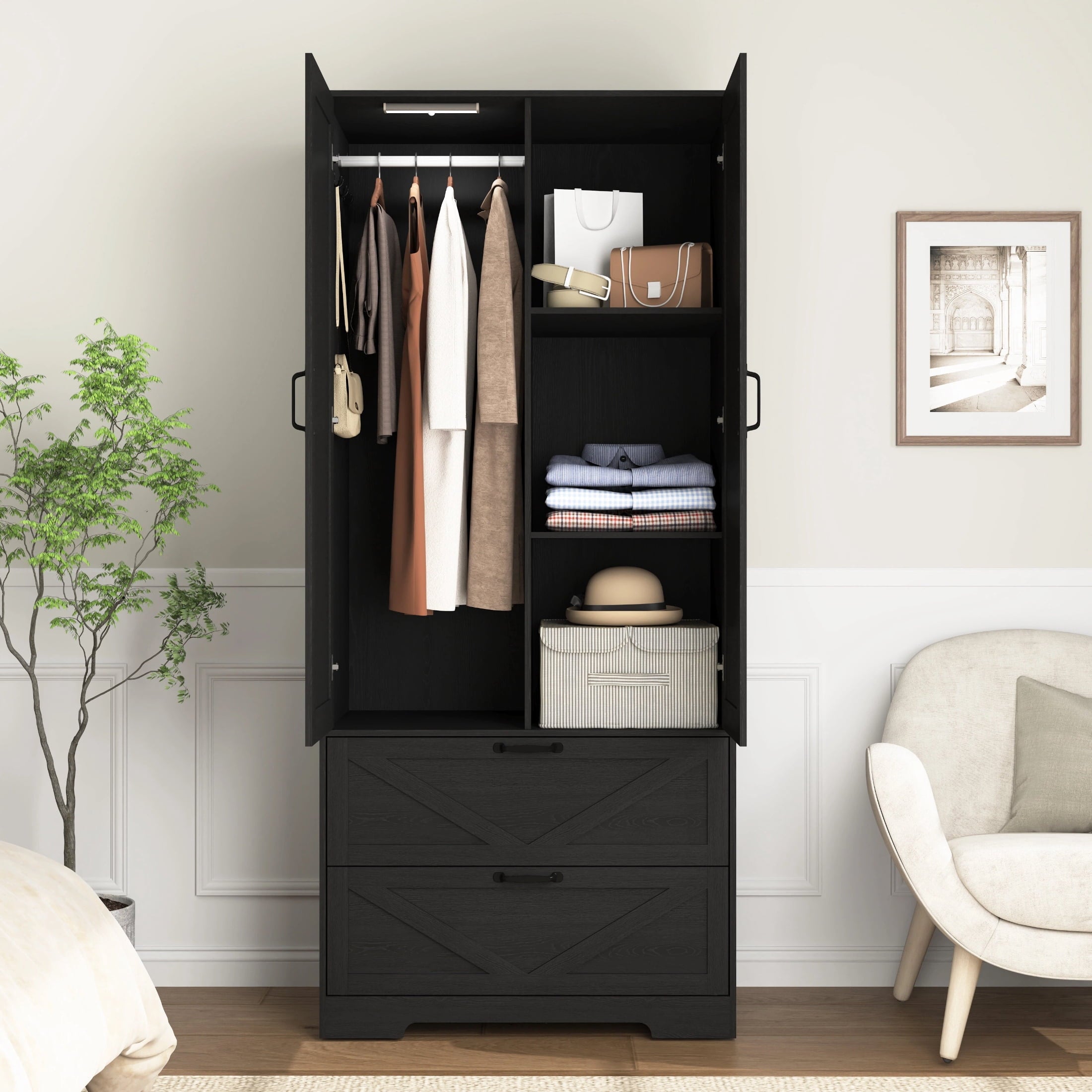 AISWORD 60 Tall Metal Wardrobe Cabinet with 1 Drawer and Hanging Rod, 2 Doors Closet with Adjustable Shelf, White