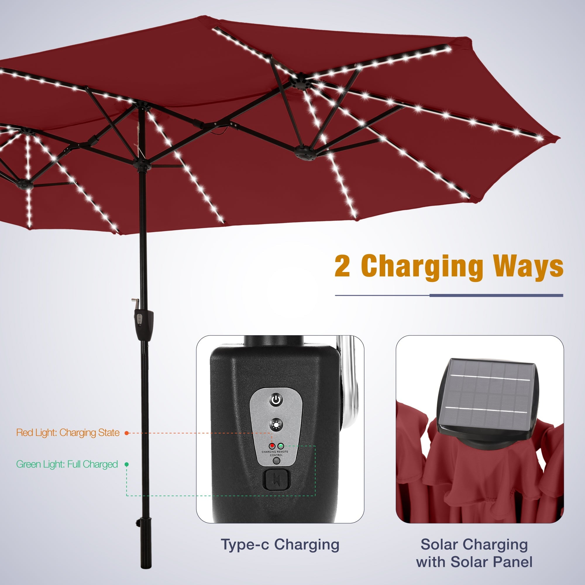 Alpha Joy 13ft Large Double-Sided Outdoor Patio Umbrella with Colorful Solar Lights, Navy Blue