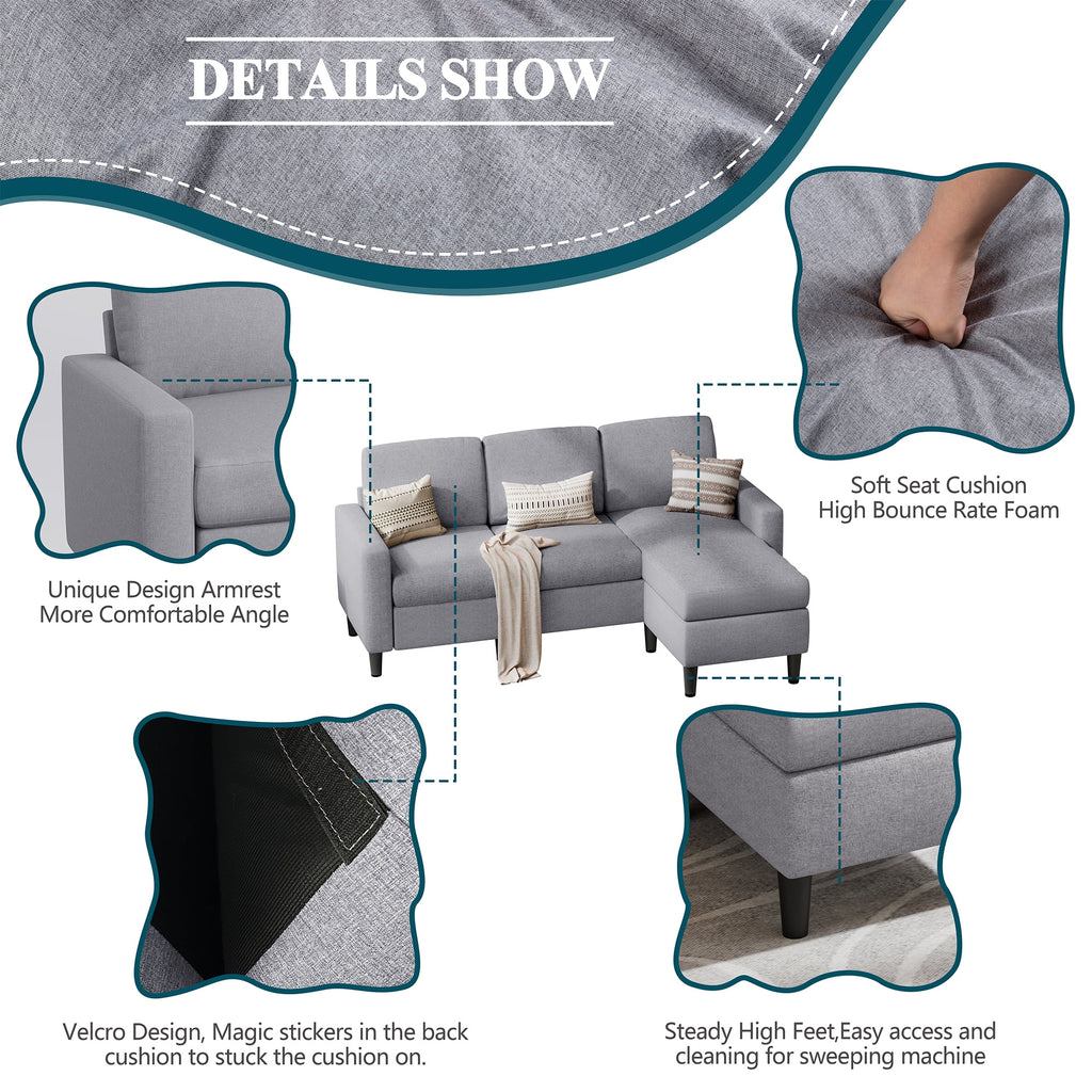 Walsunny 73.6 Convertible Sectional Sofa Couch, L-Shaped 3-Seat Sofa Couch with Reversible Chaise for Small Space,Dark Gray