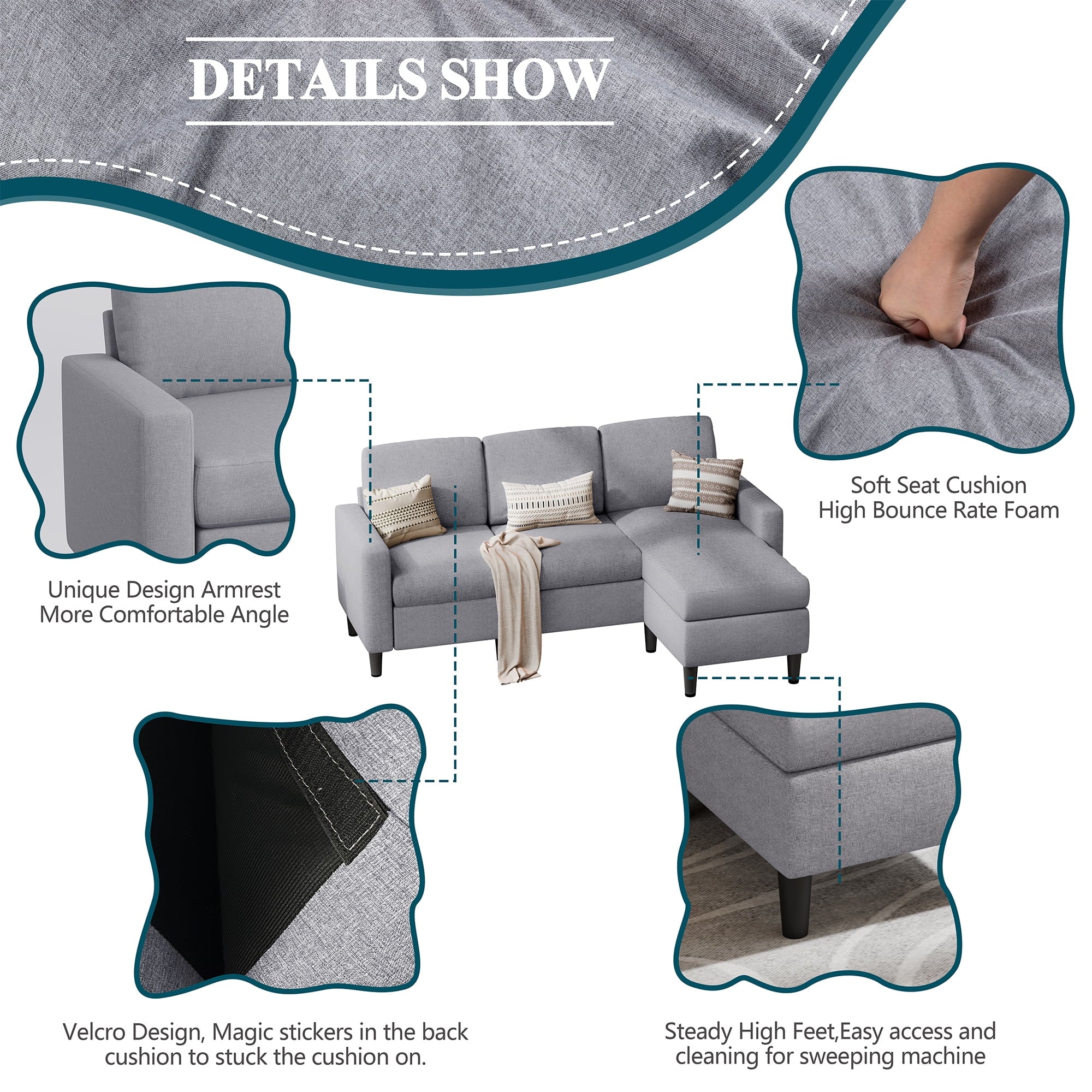 Walsunny 73.6 Convertible Sectional Sofa Couch, L-Shaped 3-Seat Sofa Couch with Reversible Chaise for Small Space,Dark Gray