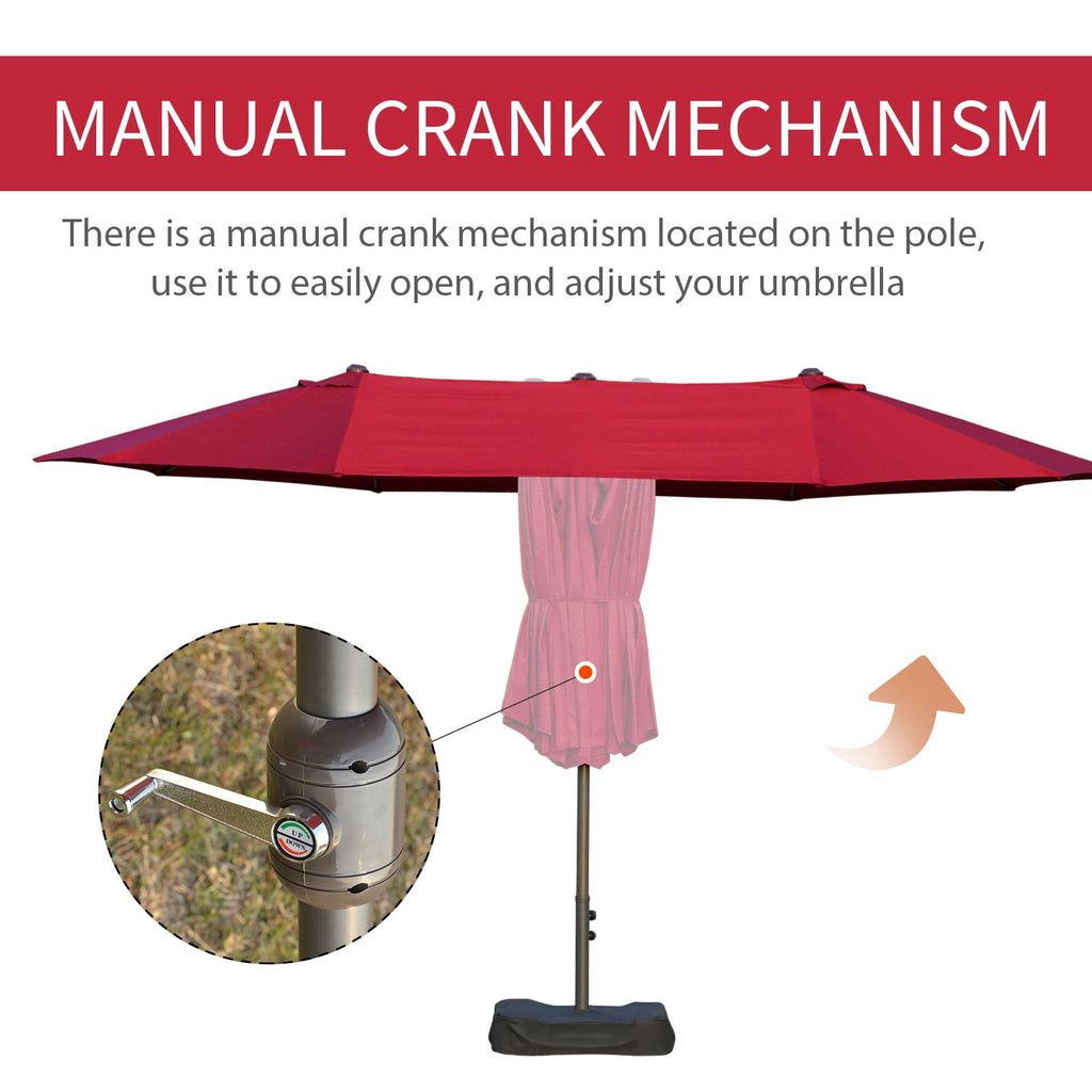 Outsunny Patio Umbrella 15' Steel Rectangular Outdoor Double Sided Market with base, Sun Protection & Easy Crank for Deck Pool Patio, Beige