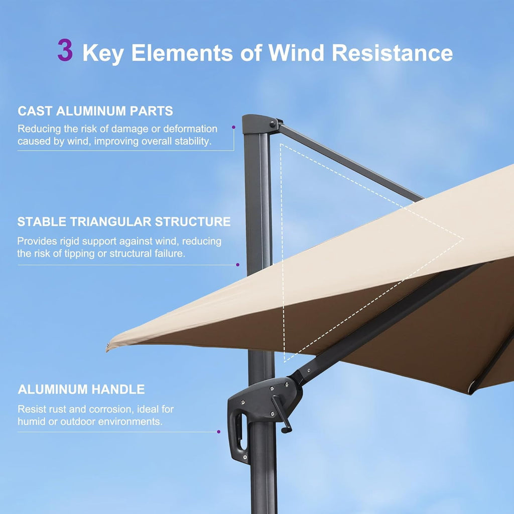 PURPLE LEAF Cantilever Umbrellas 12FT Square Large Patio Umbrella Offset Umbrella with 360°Rotation Tilting And Hanging Double Top, Grey