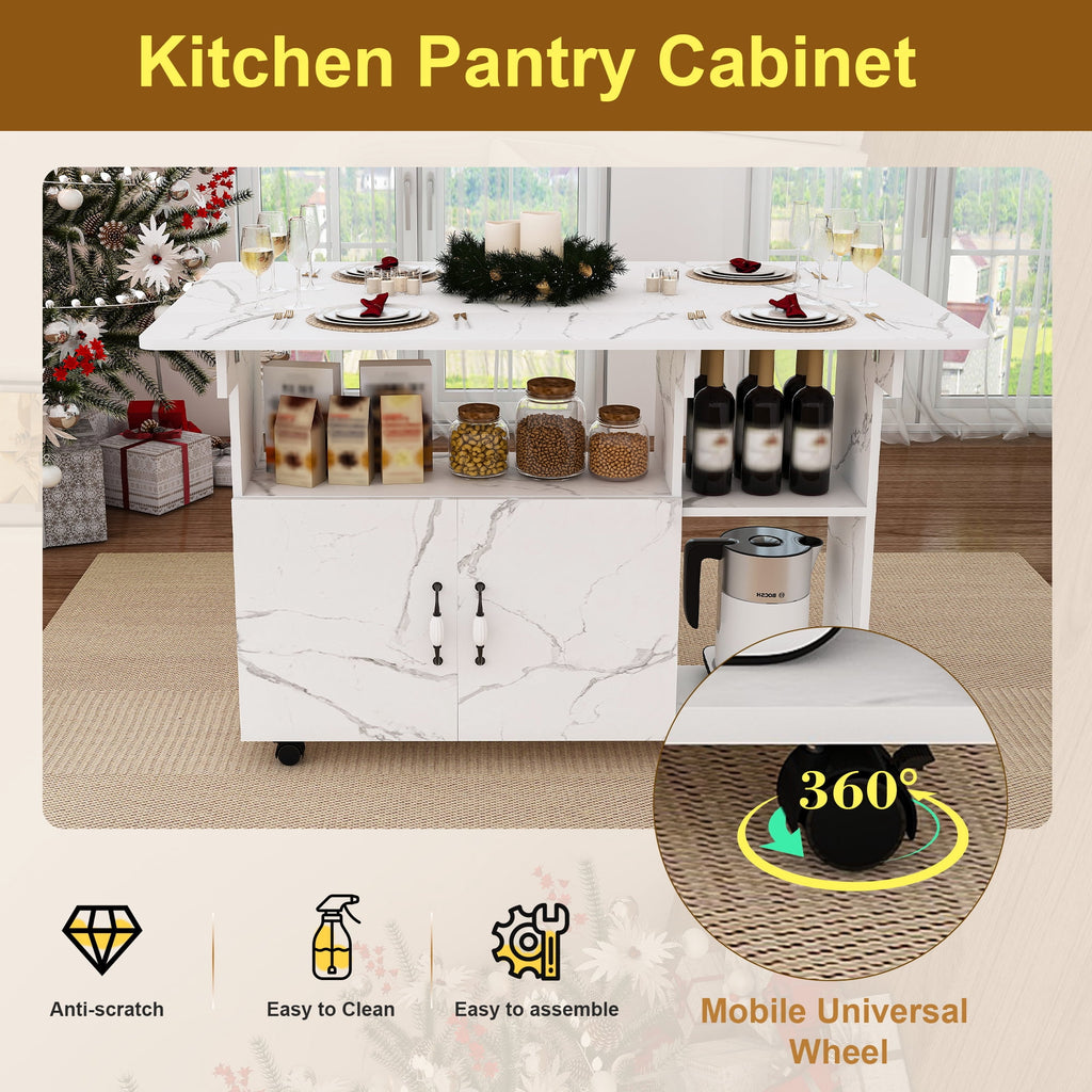 Wohh 47 Inch Folding Dining Table with Storage Shelves & Wheels, Multifunctional Kitchen Desk for Small Spaces, Compact Mobile Computer Desk for Home Office, Dorm, Adjustable Foldable Study Table