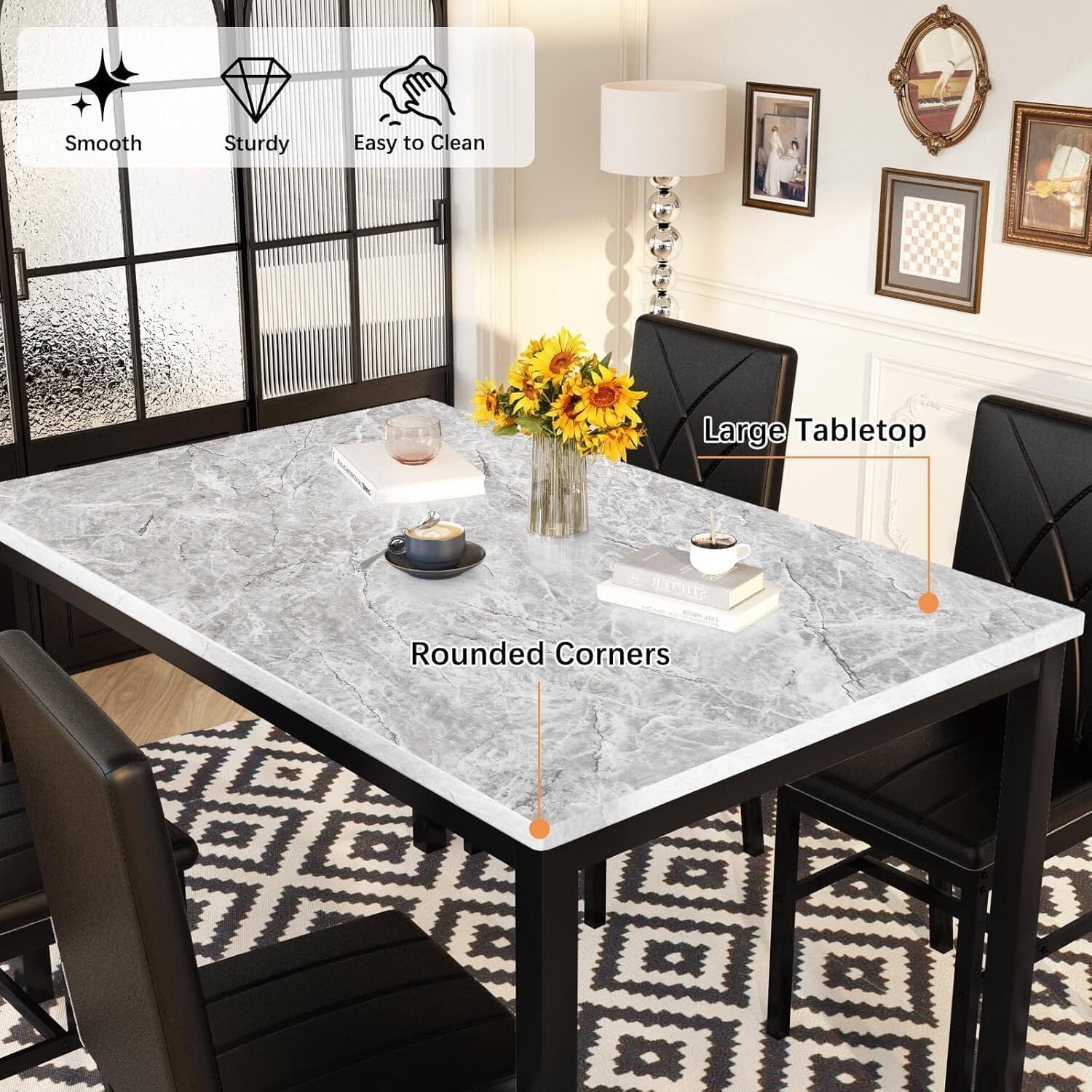MOOSENG Dining Table Set for 4, Faux Marble Kitchen Table and Chairs Set of 4, 5-Piece Dining Room Set with PU Leather Upholstered Chairs for Small Space, Gray