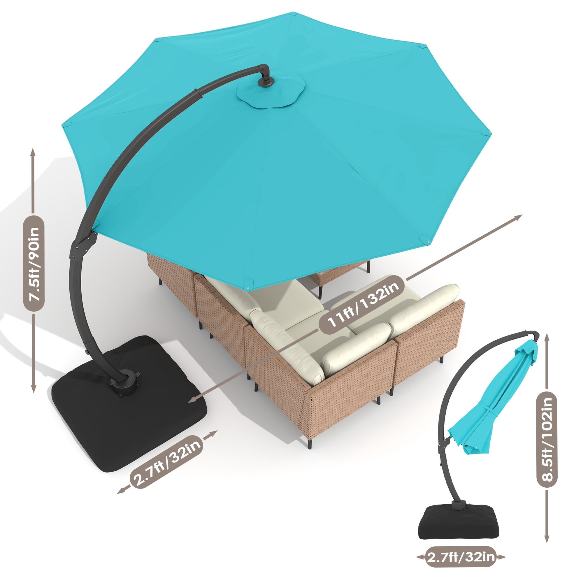 LAZZO 11ft Outdoor Patio Umbrella with Base, Aluminum Offset Cantilever Umbrella for Pool Deck, Champagne