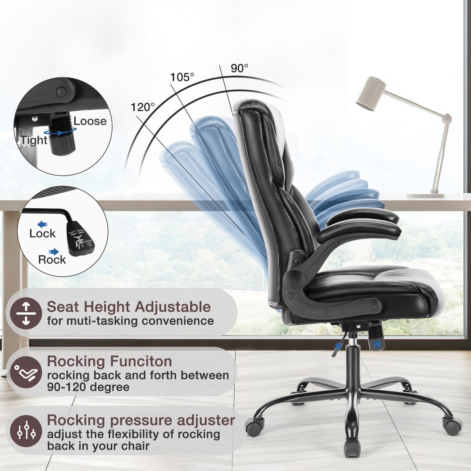 GIANNA Heavy Duty Ergonomic Computer Gaming Office Chair, With Wheels, Flip-up Arms, Adjustable Height, PU Leather, Black