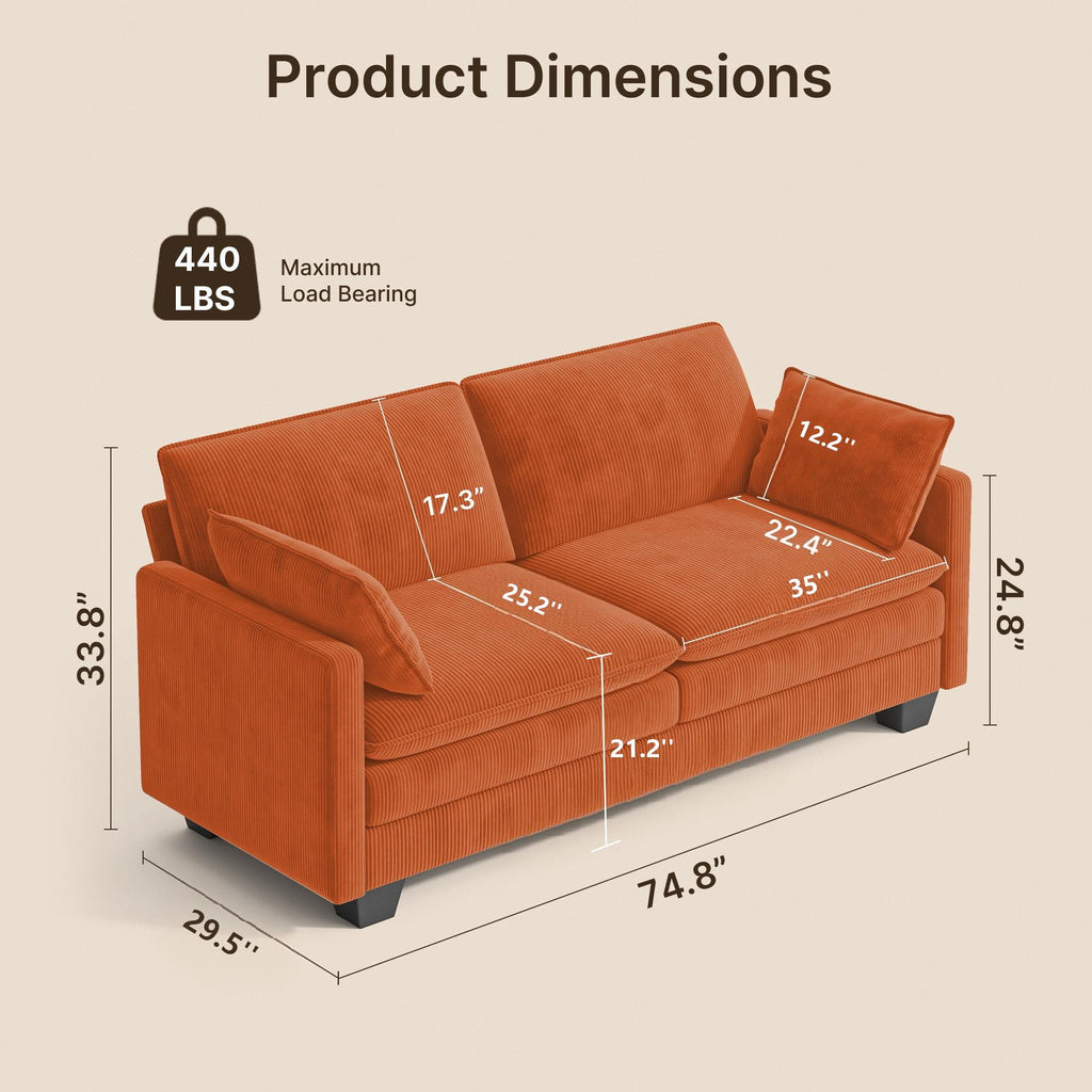75’’ Cloud Couches for Living Room, Noelse L Shaped Modular Sofa with Deep Seats, 2 Seater Love Seat Couch with Removable Washable Corduroy Fabric for Living Room Bedroom and Apartment, Gray