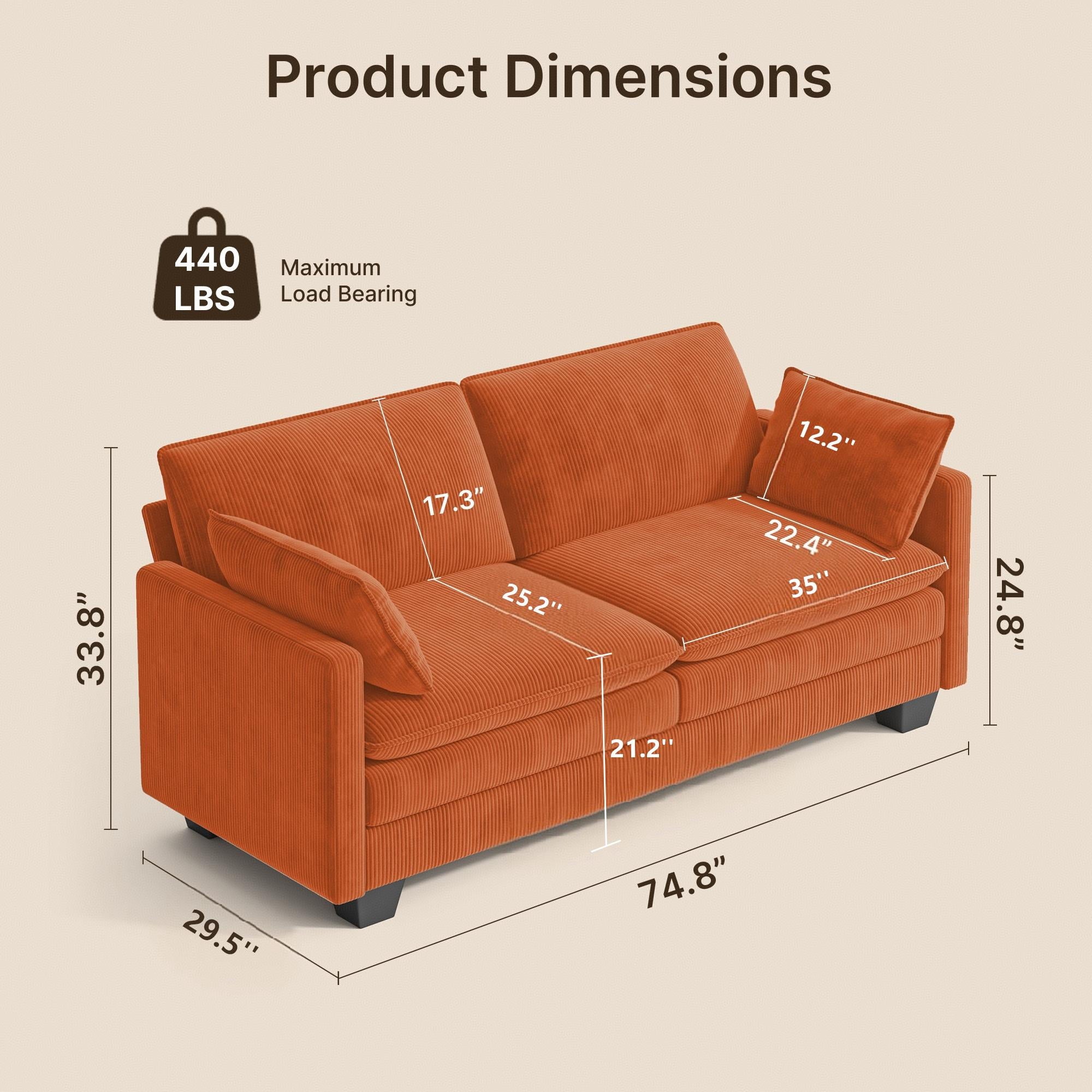 75’’ Cloud Couches for Living Room, Noelse L Shaped Modular Sofa with Deep Seats, 2 Seater Love Seat Couch with Removable Washable Corduroy Fabric for Living Room Bedroom and Apartment, Gray