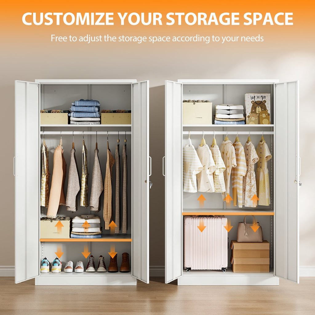 STANI Metal Wardrobe Closet with Hanging Rod, 72 White Armoire Wardrobe Cabinet with Adjustable Shelves, Clothes Storage Organizer Cabinets for Bedroom, Bathroom, Office