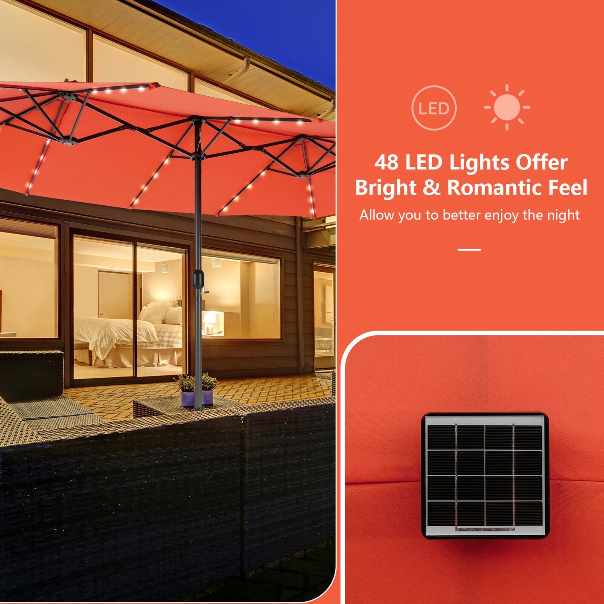 Gymax Outdoor 15' Double-Sided Patio Umbrella 48 Solar LED Lights Crank & Base Coffee
