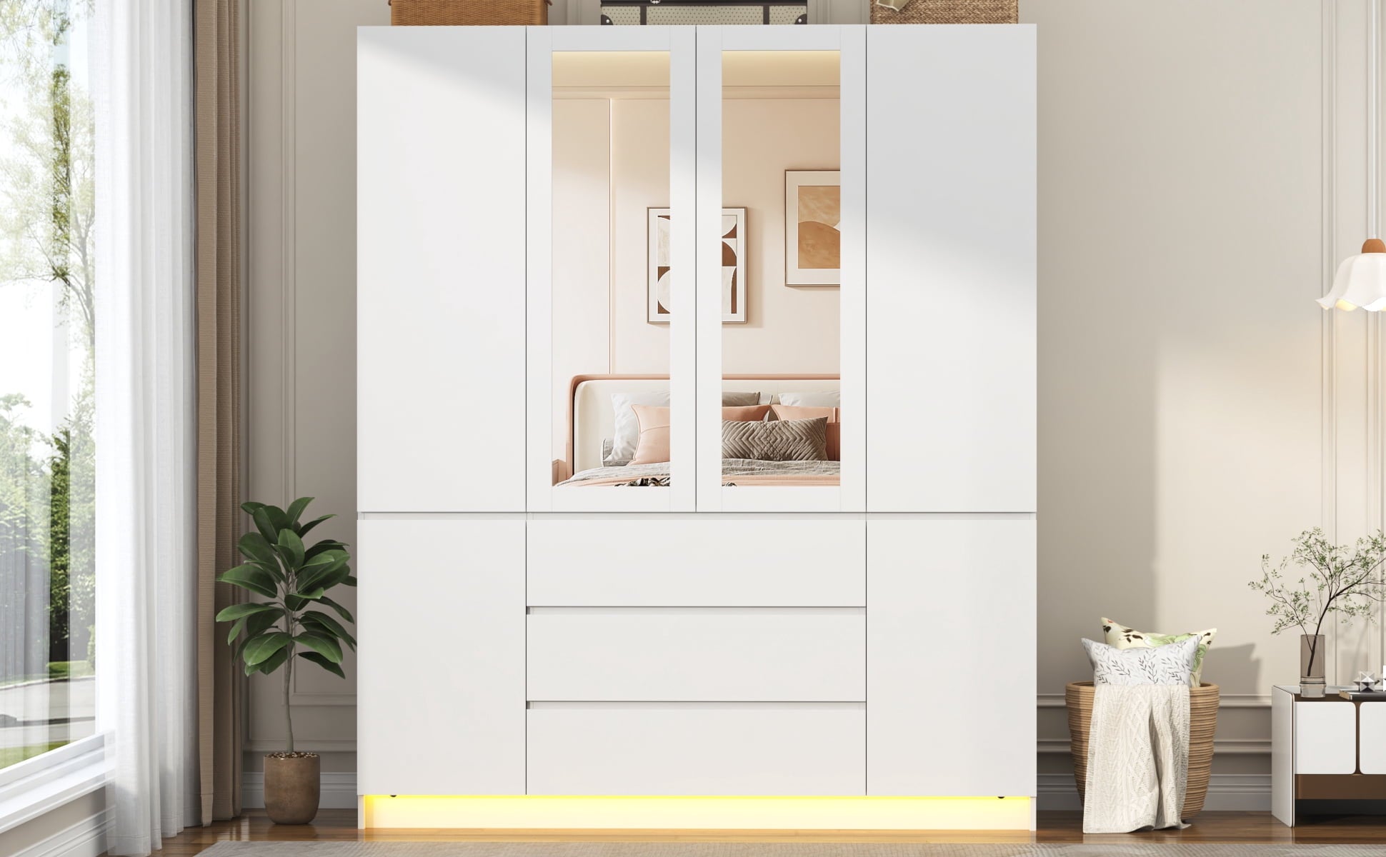 75 Tall 3 Doors Armoire Wardrobe Closet with  3 Drawers and Mirror, Large Wardrobe Closet for Bedroom with LED Lights, Wooden Armoire Storage Cabinet with Hanging Rod, Adjustable shelves (White)