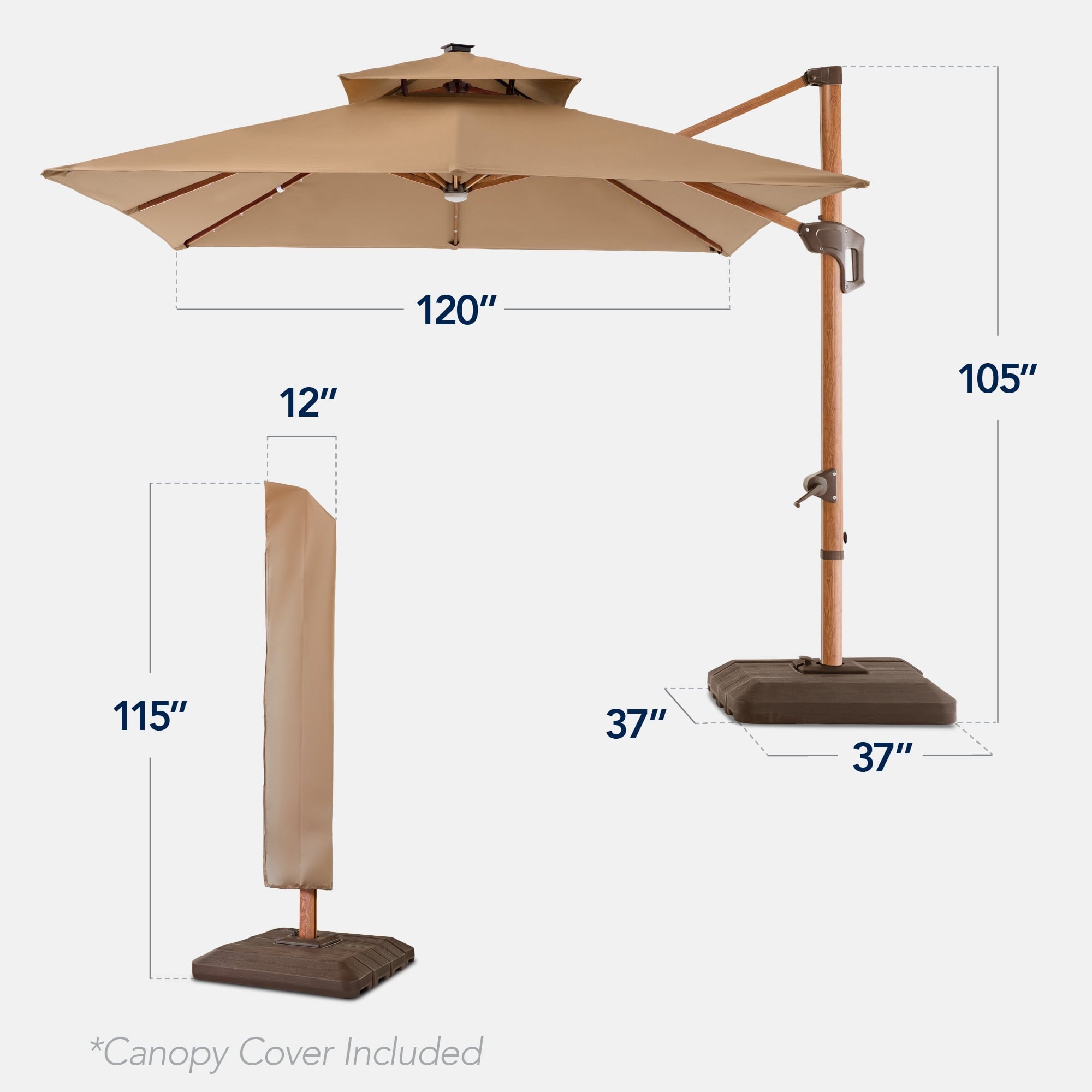 Best Choice Products 10ft Square Woodgrain Pattern 2-Tier Outdoor Solar LED Cantilever Umbrella w/ Base - Gray