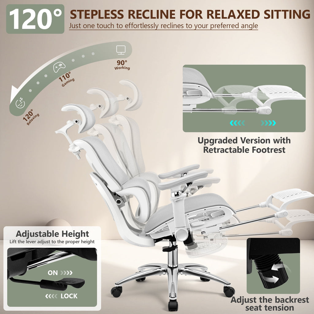 COOLHUT Ergonomic Mesh Office Chair with Footrest, Big and Tall Computer Desk Chair with Adjustable Lumbar Support, Headrest and Armrest, High Back Home Office Chair for Workspace, 300LBS, Black
