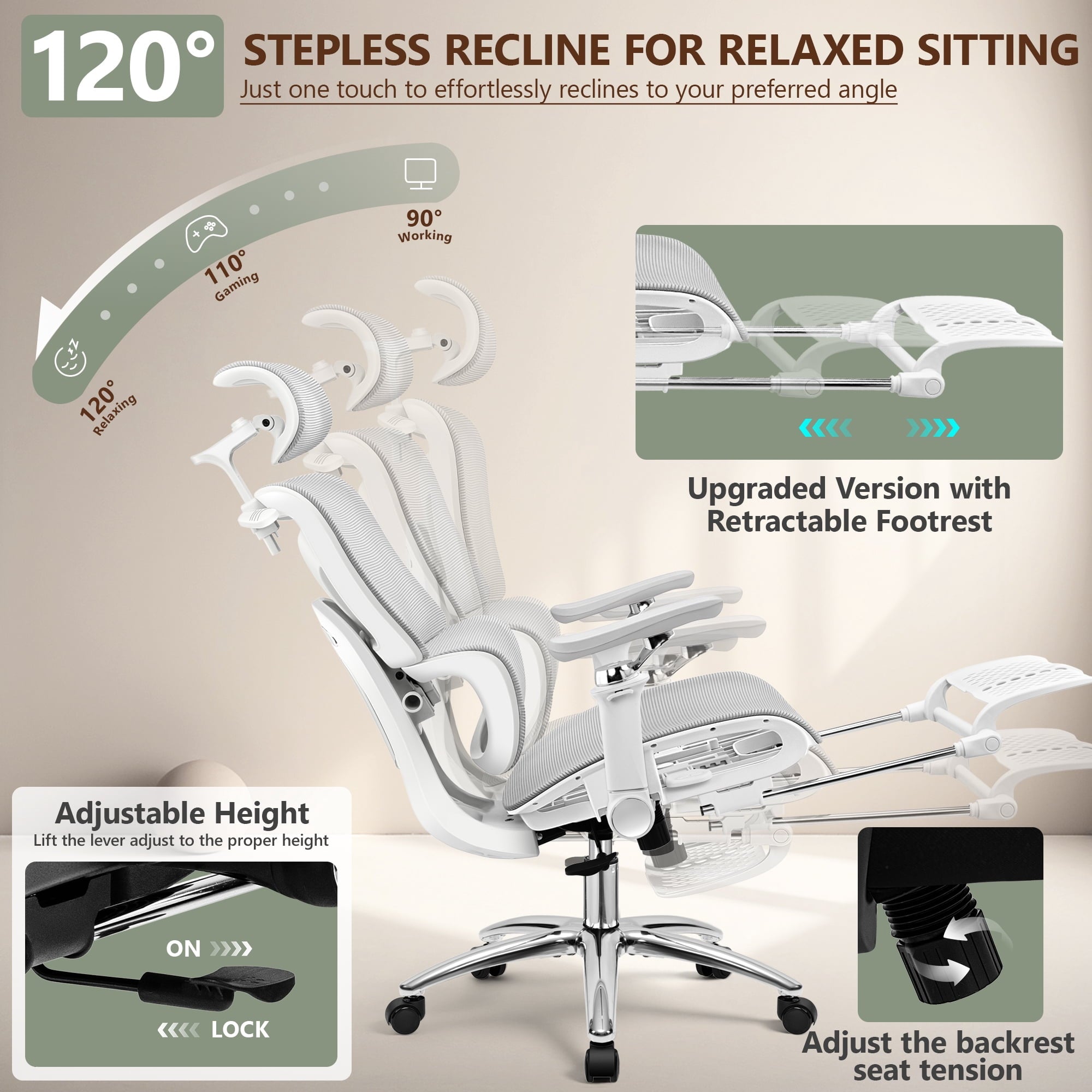 COOLHUT Ergonomic Mesh Office Chair with Footrest, Big and Tall Computer Desk Chair with Adjustable Lumbar Support, Headrest and Armrest, High Back Home Office Chair for Workspace, 300LBS, Black