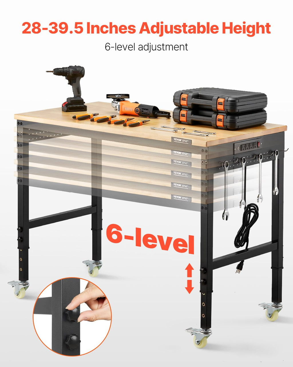 VEVOR 48-Inch Adjustable Workbench, 2000 lbs Load, Work Bench with Power Outlet, Wheels, and Pegboard, Heavy Duty Oak Wood Top Work Table for Garage, Workshop, Office, and Home