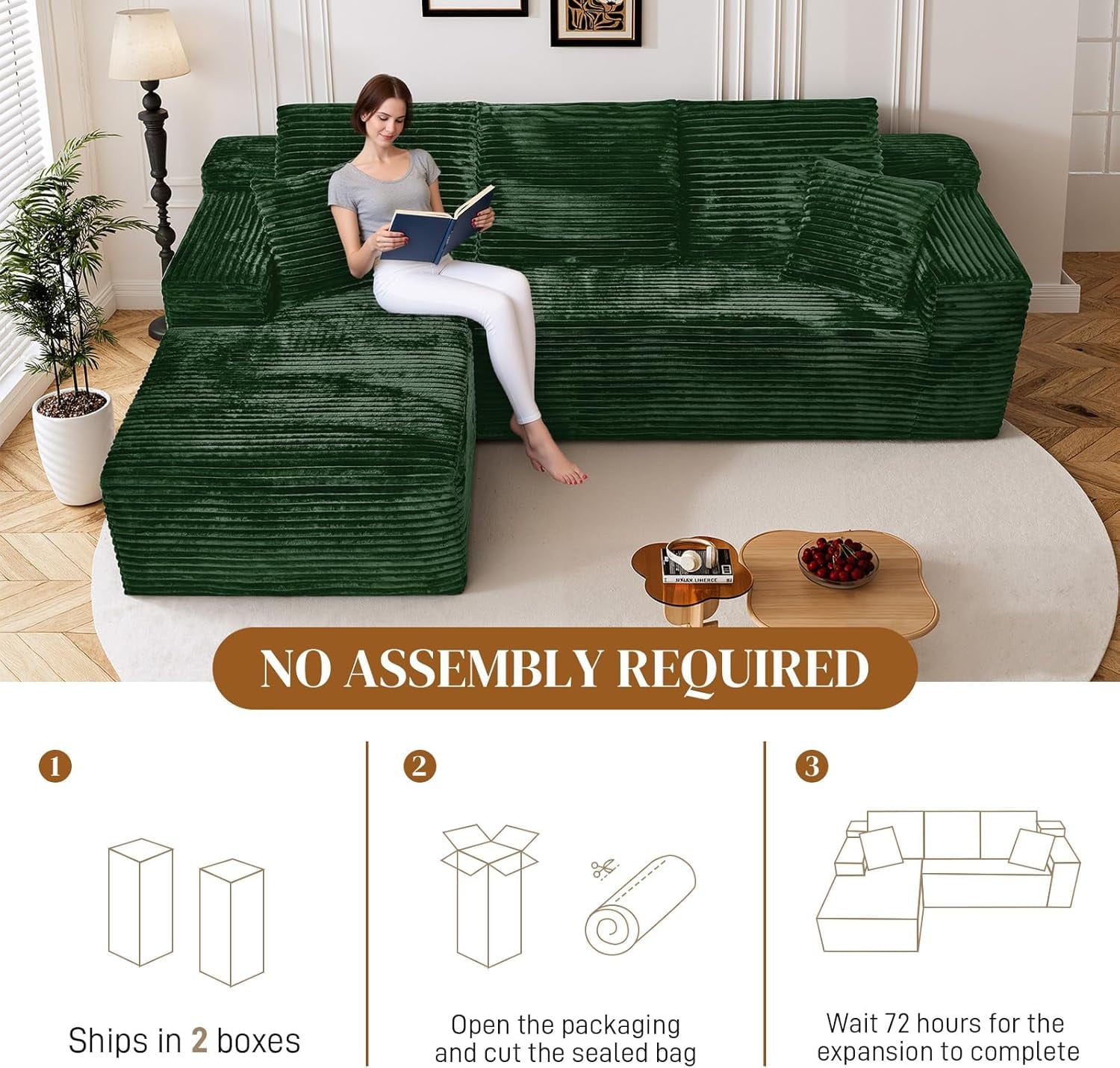 LLappuil 108 Sectional Sofa, Modular Sectional Couch with Left Chaise, Deep Seat Corduroy Cloud Sofa for Living Room Black