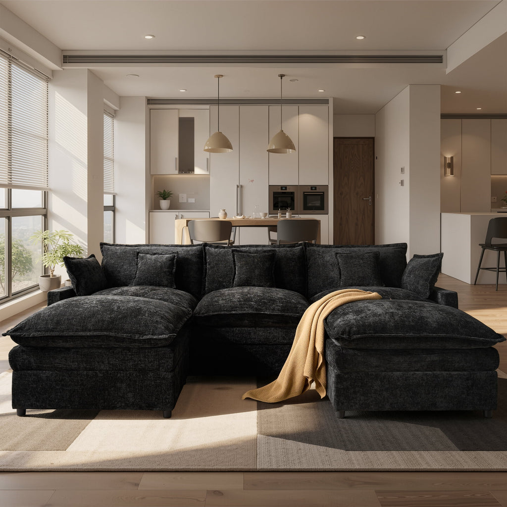 Ovios 108 Modular Sectional Sofa U-Shaped Cloud Couch with 2 Ottomans, Comfy Living Room Furniture, Chenille, Gray