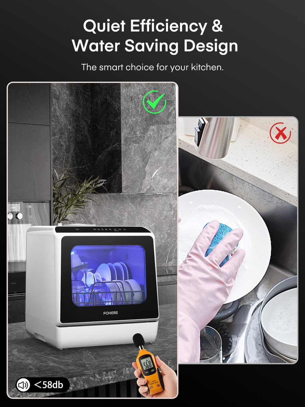 FOHERE Countertop Dishwasher with 6H Delay Cleaning, Portable Dishwasher w/5L Built-in Water Tank, 6 Programs, 360°Dual Spray, High-Temp