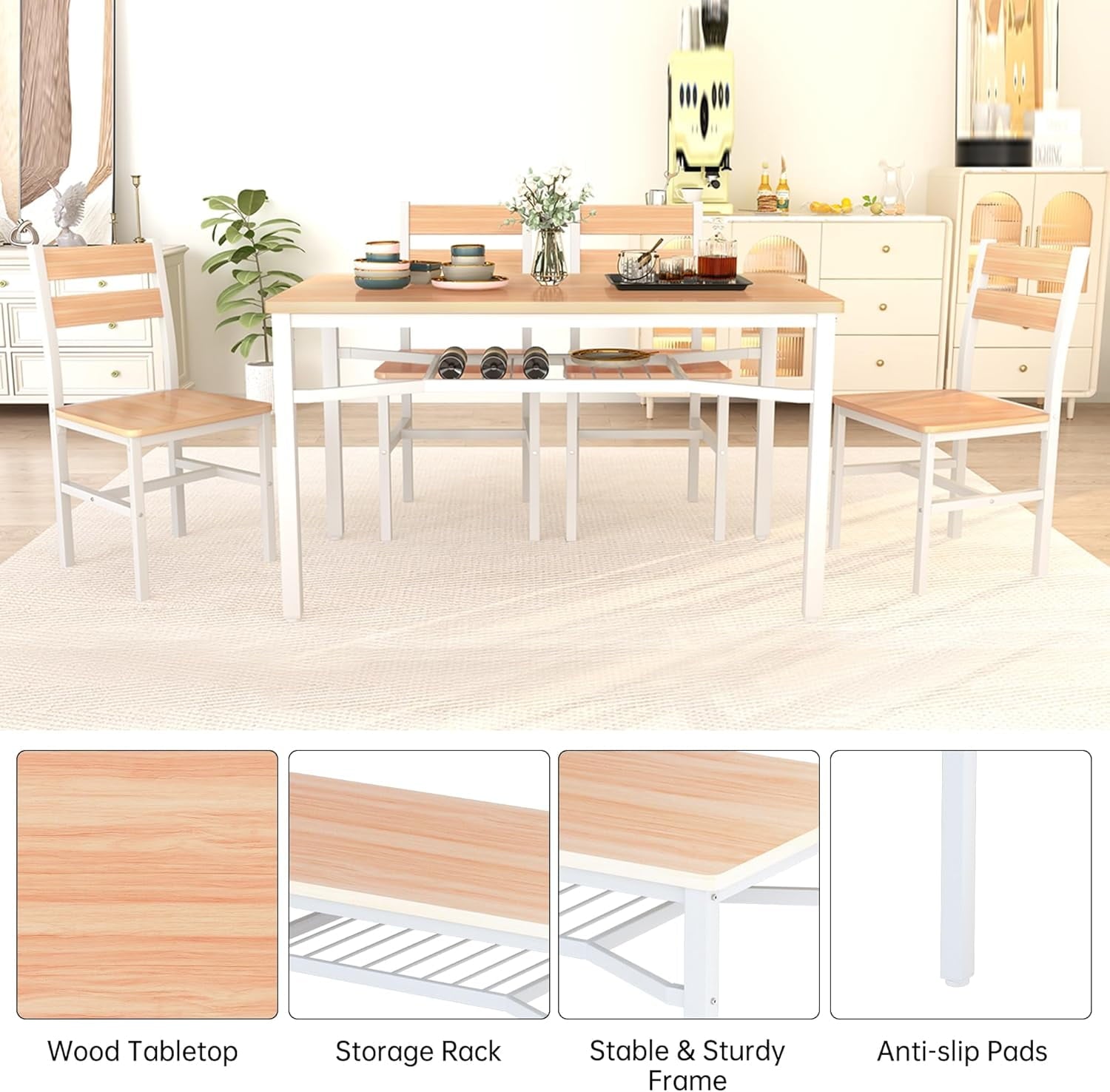 LinkRomat Dining Table Set for 4, Farmhouse Kitchen Table with 4 Wood Chairs, Dining Room Set for Breakfast Nook, Small Places, Restaurant, Gray