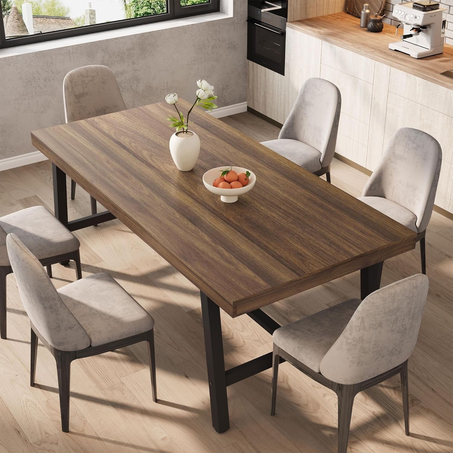 Industrial Dining Table for 6-8 People, 70.87 Long Wooden Kitchen Table with Sturdy Metal Frame & Natural Finish, Seats 6 Rectangular Counter for Dinner, Kitchen, Dining Room - Natural