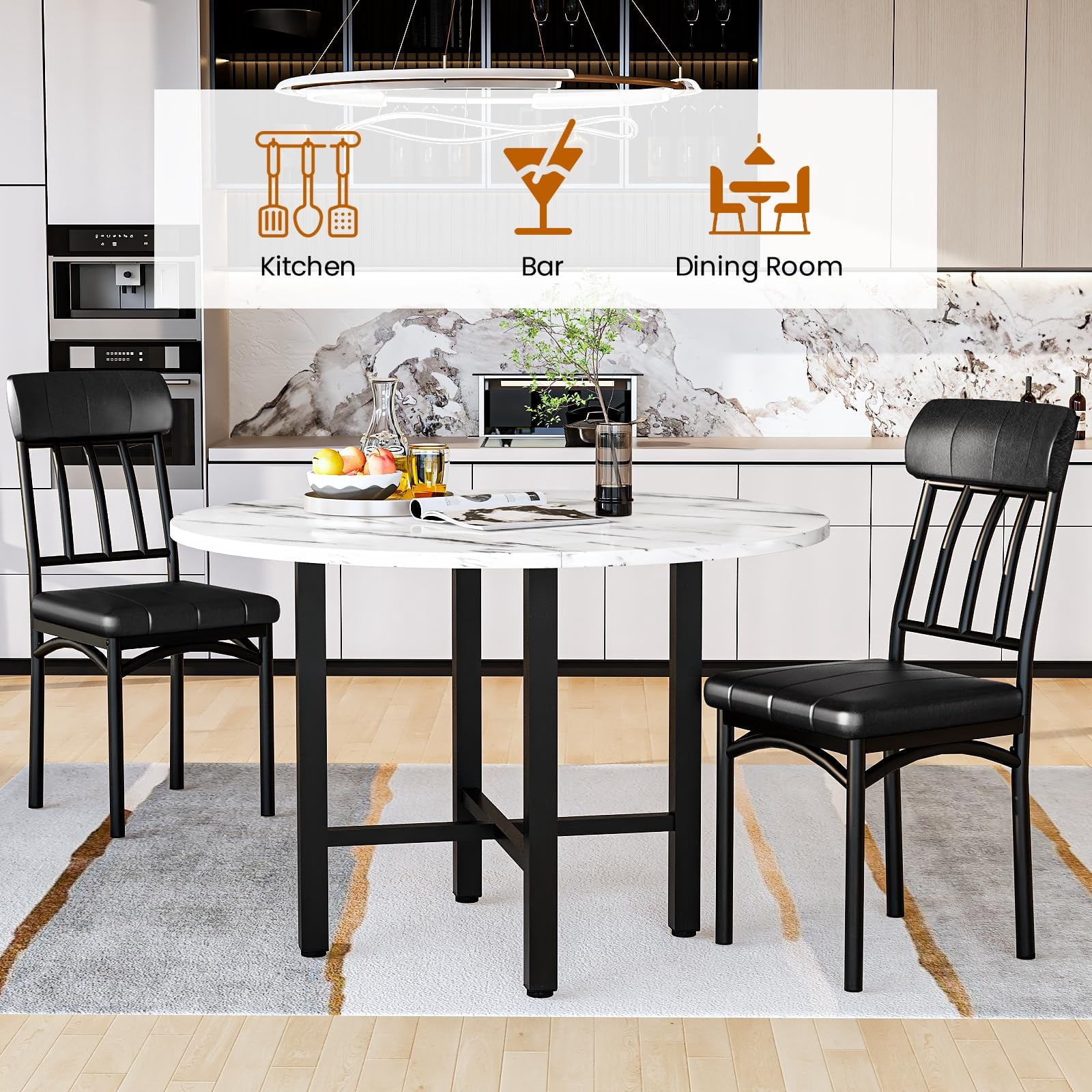MOOSENG Round Dining Table Set for 4,Faux Marble Circle Dining Table Set with Chairs,Modern Kitchen Table and Chairs Set for 4,Round Dinner Table & Chair Set for Small Space