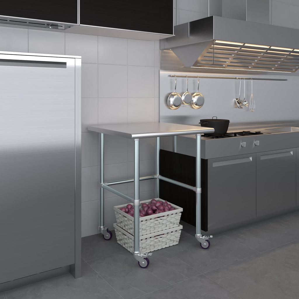 AmGood 36 Long x 30 Deep Stainless-Steel Work Table with Open Base and Wheels, Mobile Metal Table