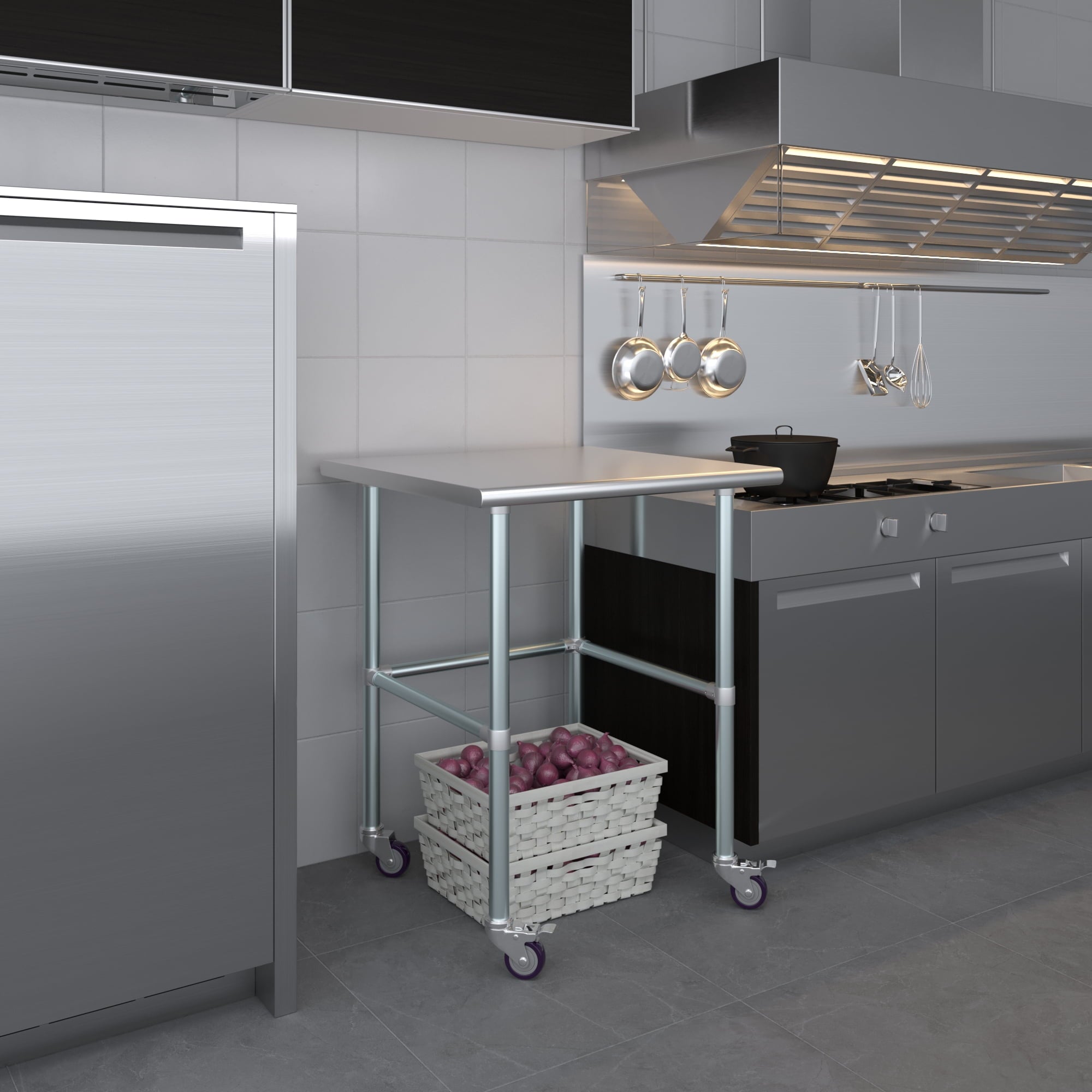 AmGood 36 Long x 30 Deep Stainless-Steel Work Table with Open Base and Wheels, Mobile Metal Table