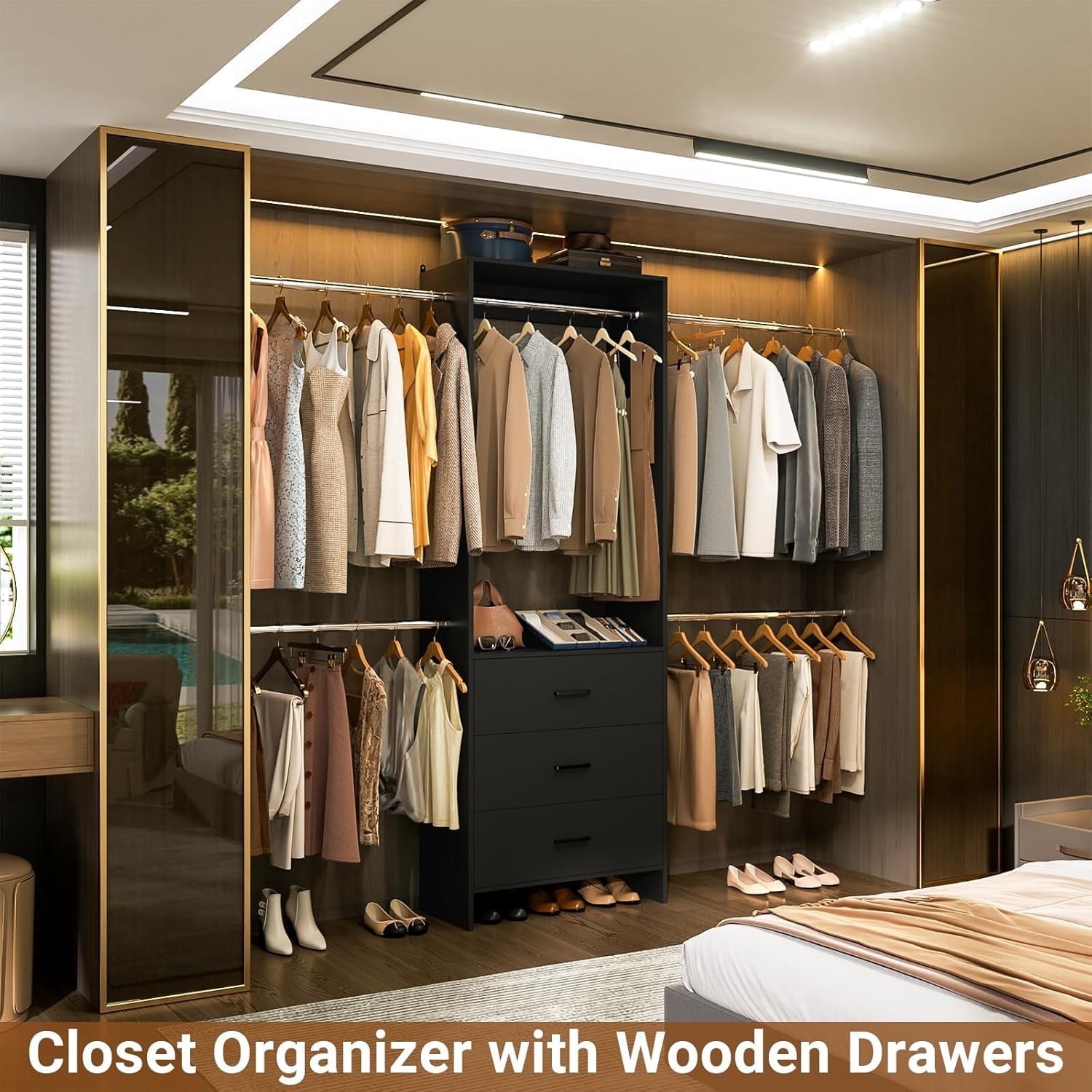 Homieasy Closet System, Closet Organizer with 3 Wooden Drawers, Walk-in Closet Wardrobe Clothes Rack with 4 Hanging Rods, Garment Rack, White