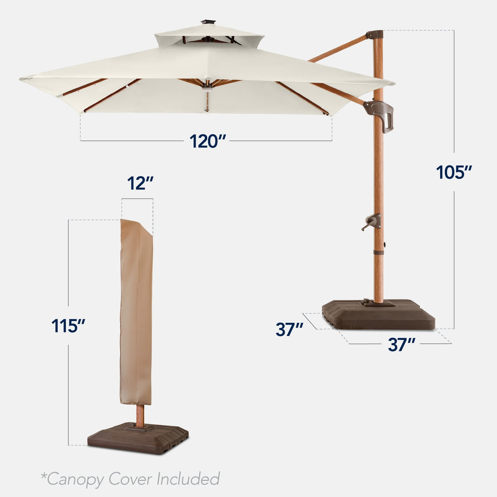 Best Choice Products 10ft Square Woodgrain Pattern 2-Tier Outdoor Solar LED Cantilever Umbrella w/ Base - Gray