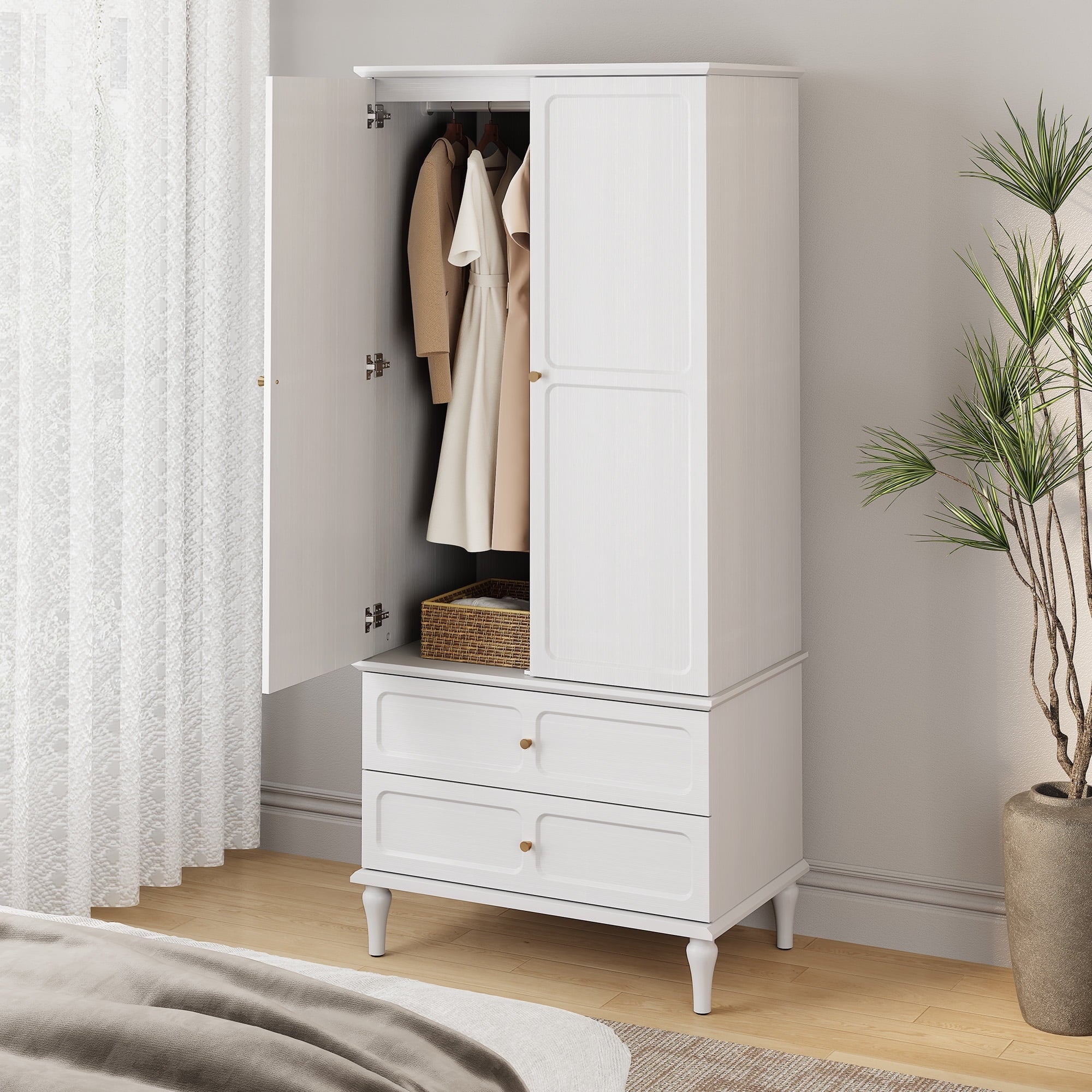HLR 71 Tall Modern Wood Armoire Wardrobe Closet, Freestanding Cabinet with Hanging Rod for Bedroom, Brown