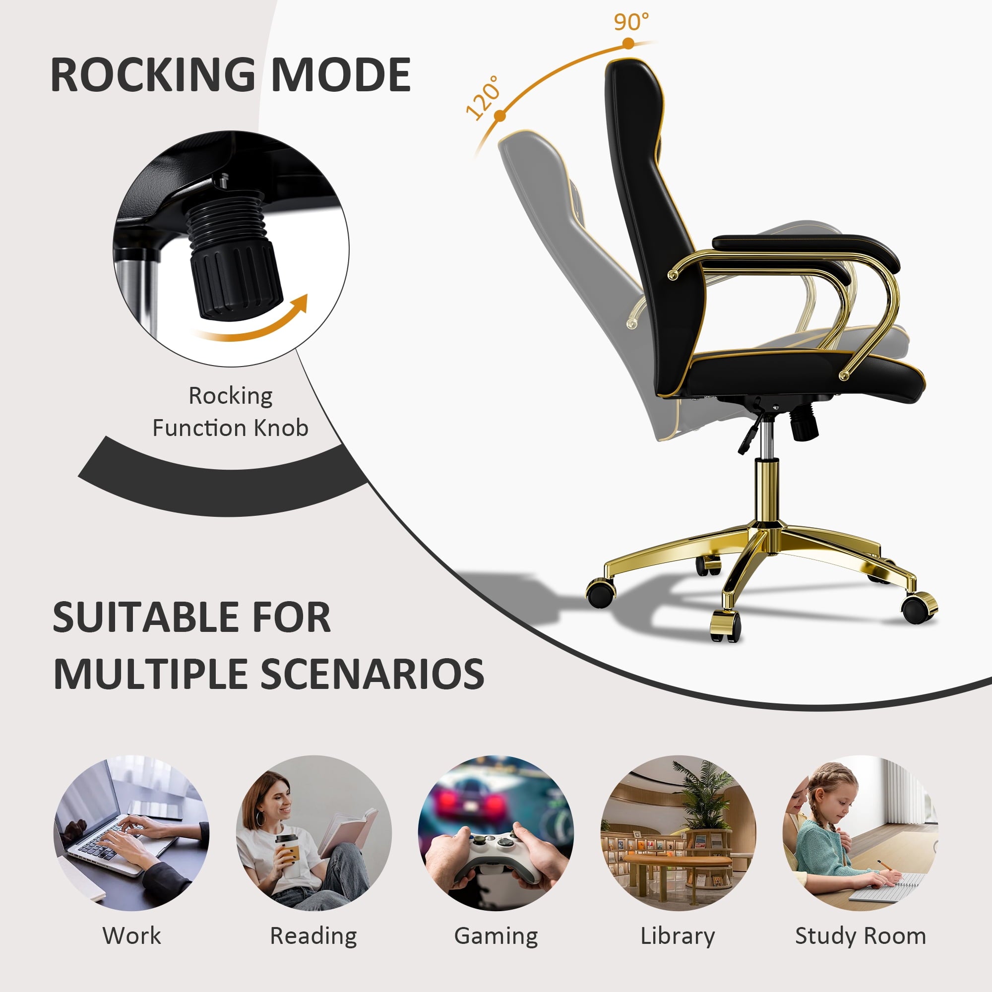 HomeZeer White and Gold Office Chair, Ergonomic High Back Executive Desk Chair with Wheels and Arms, Modern PU Leather Computer Chair with Rocking Function, White(Set of 2)
