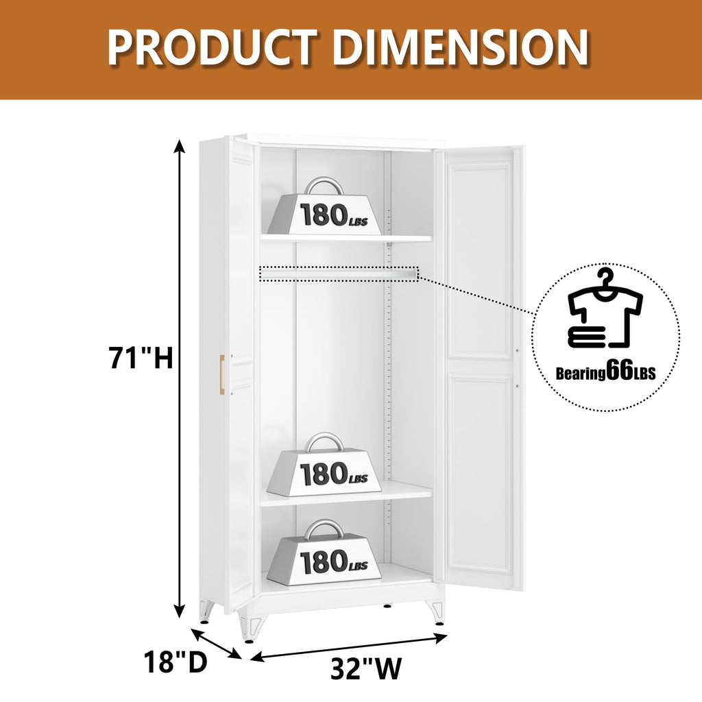 Polup 71 H Modern Metal Sturdy Armoire Cabinet with Shelves and Hanging Rod, Adult Bedroom Wardrobe Closet with Doors