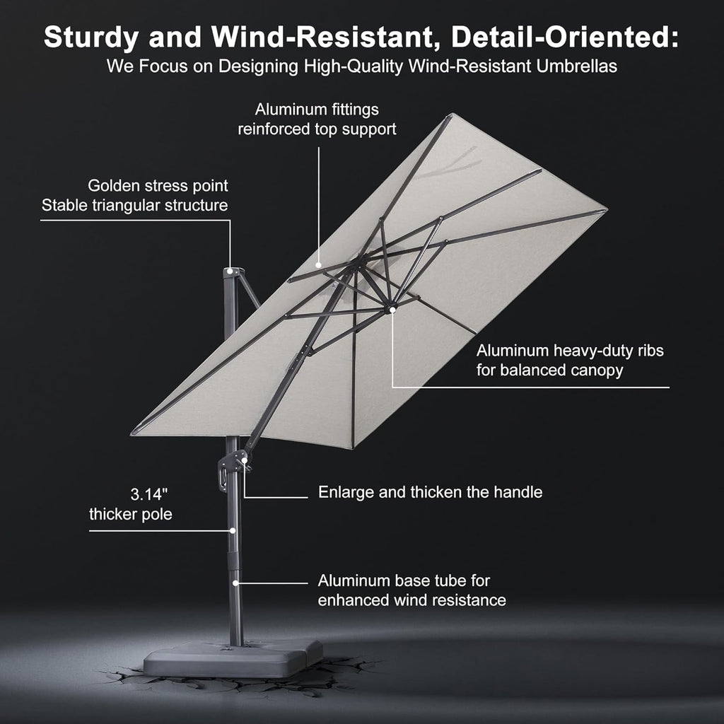 PURPLE LEAF 10' X 13' Rectangle Cantilever Umbrella with Base Outdoor Large Aluminum Patio Umbrella with 3-Year Fade Resistance Recycled Fabric and 360-degree Rotation for Deck Pool, Graphite Grey