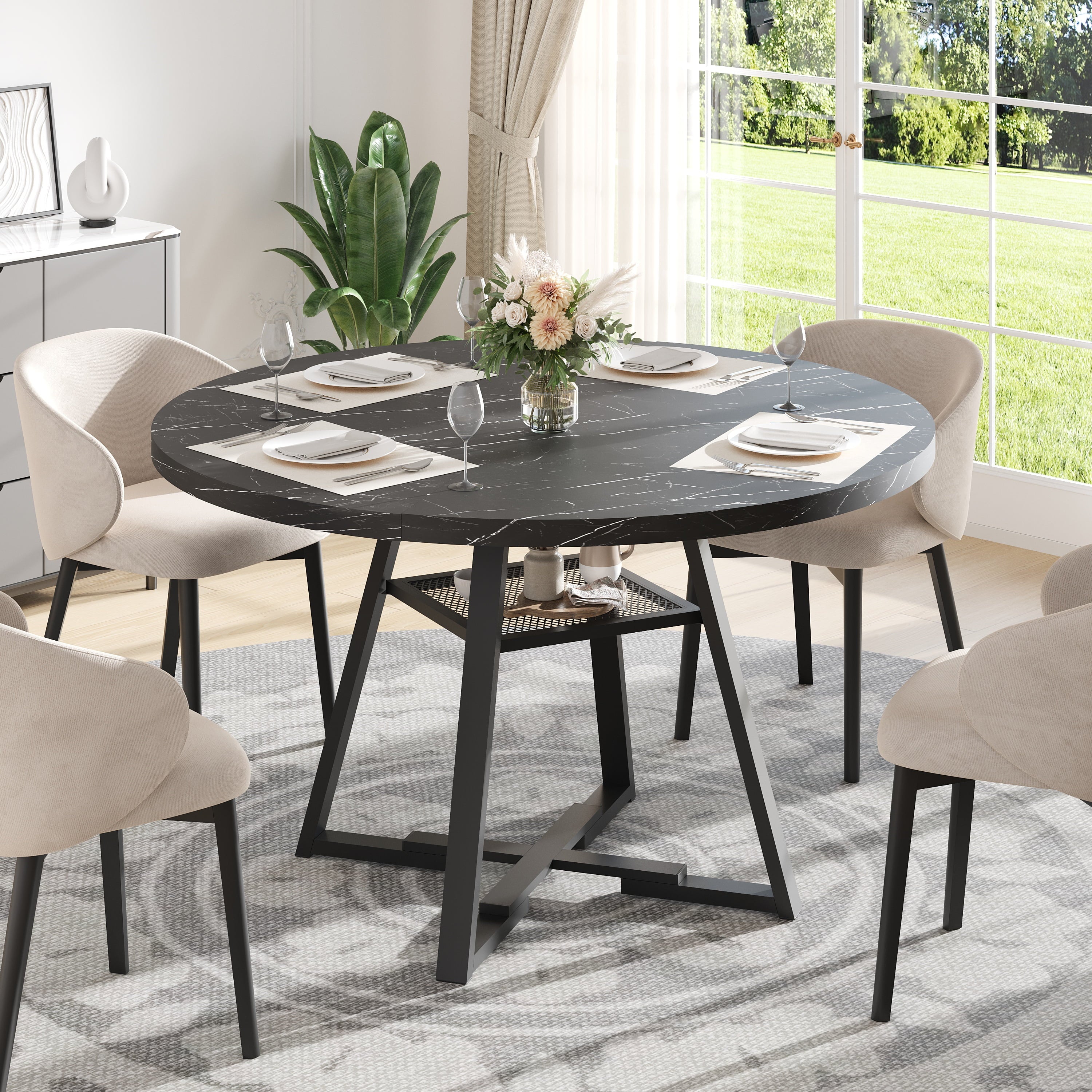 PAPROOS Round Dining Table, 43'' Faux Marble Dining Table with Storage Shelf, Circle Dining Table for Dining Room, Modern Kitchen Table for 4 People, White(Only Table)