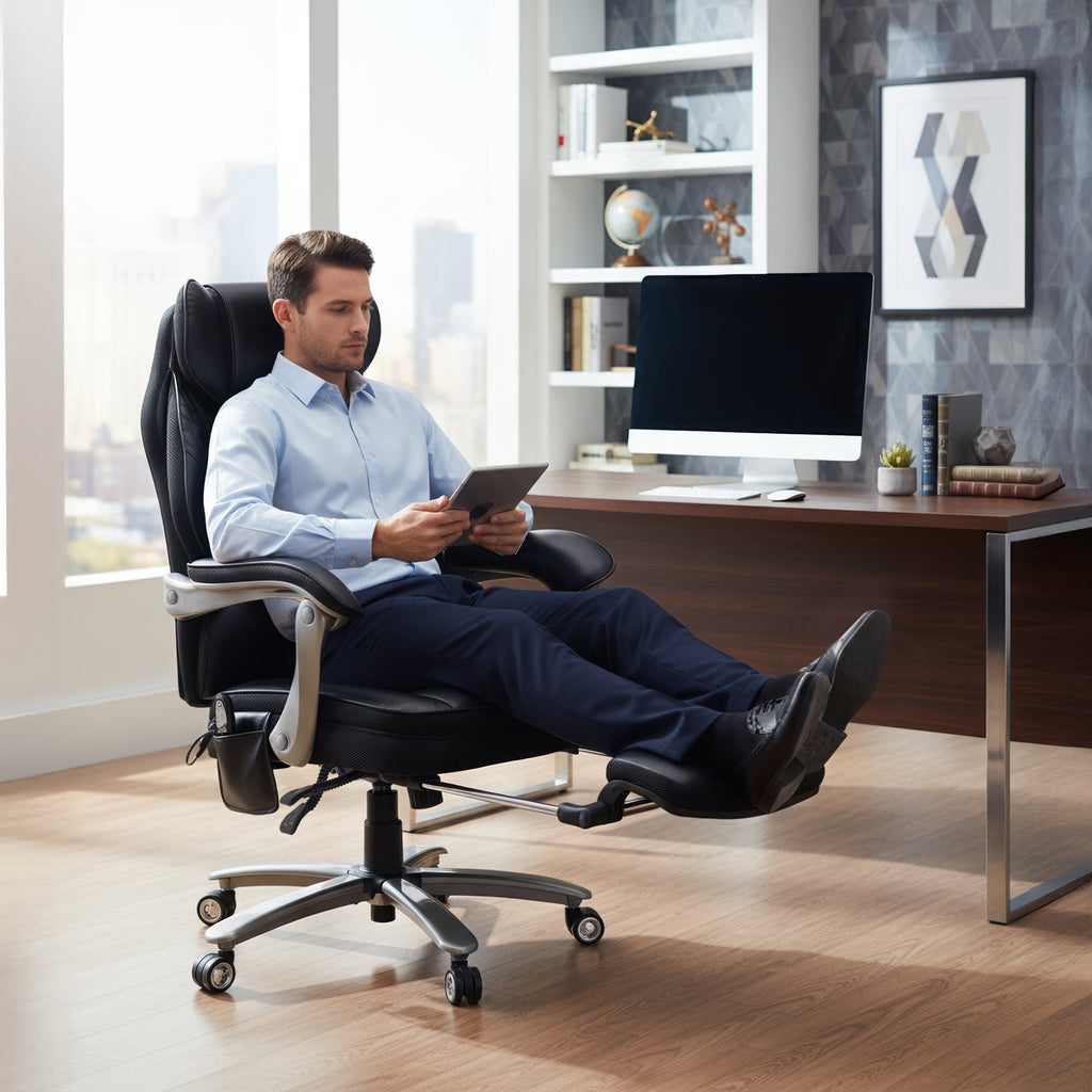 EOP Massage Office Chair with Heat and 4 Vibration Points, Ergonomic Executive Desk Chair with Adjustable Footrest, Big and Tall Swivel Computer Chair, Reclining Back, Black