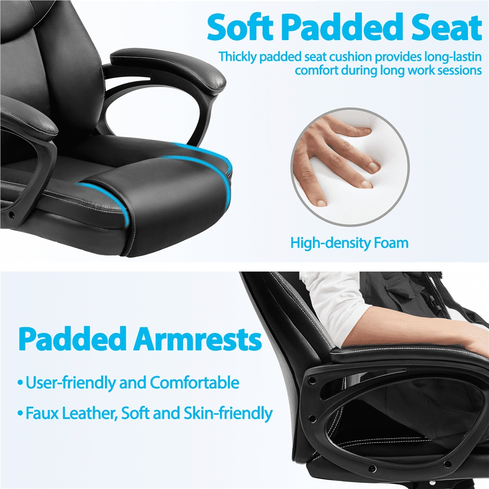 Alden Design Faux Leather Swivel Office Chair with Ergonomic High Back for Home Office, Black