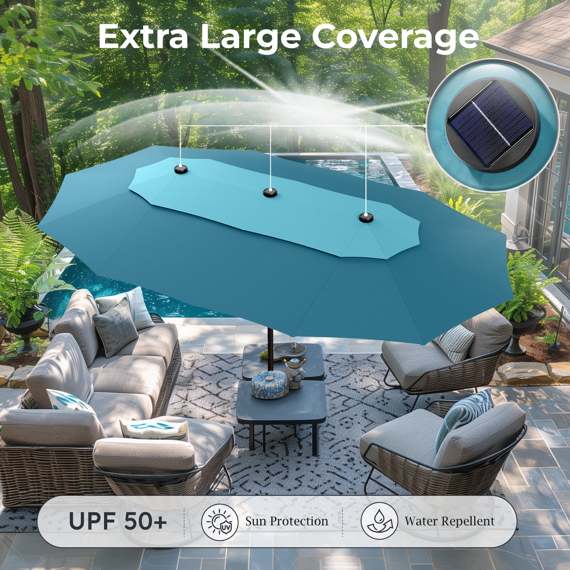 Alpha Joy 15ft Dual-Layer Extra Large Outdoor Patio Umbrella Double-Sided Ventilation Umbrella with Led Lights & Umbrella Base, Beige