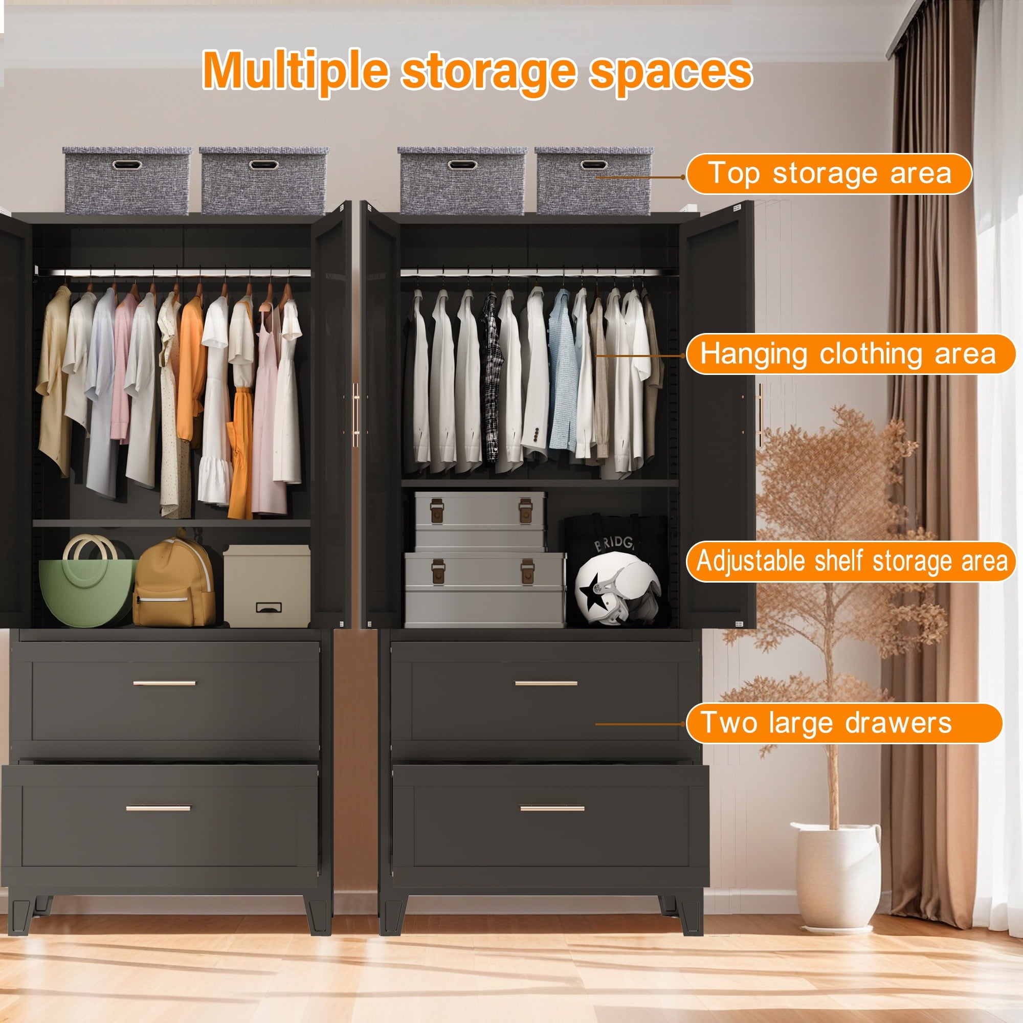 AISWORD 60 Tall Metal Wardrobe Cabinet with 1 Drawer and Hanging Rod, 2 Doors Closet with Adjustable Shelf, White