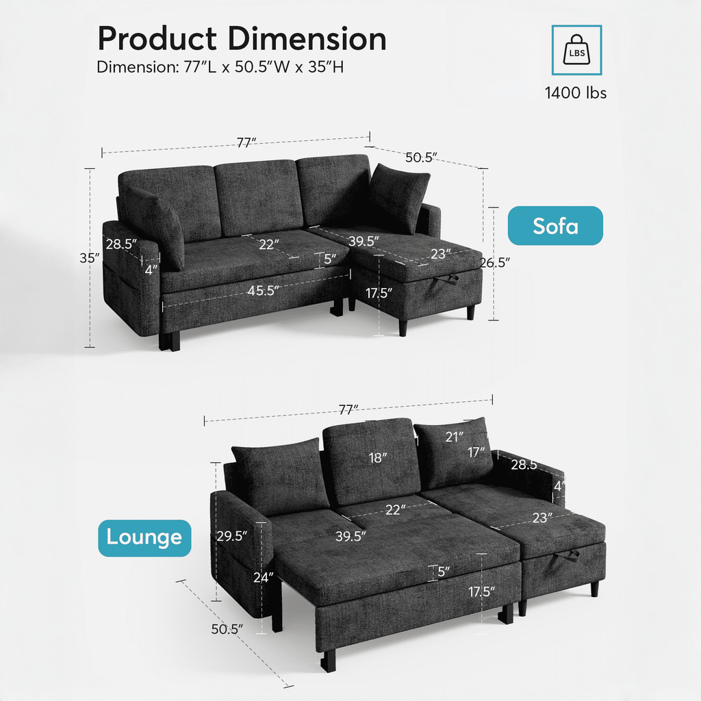 BINBANK L-Shaped Chenille Pull Out Sleeper and Storage Chaise Sectional Futon Sofa Bed with USB, Gray/Beige