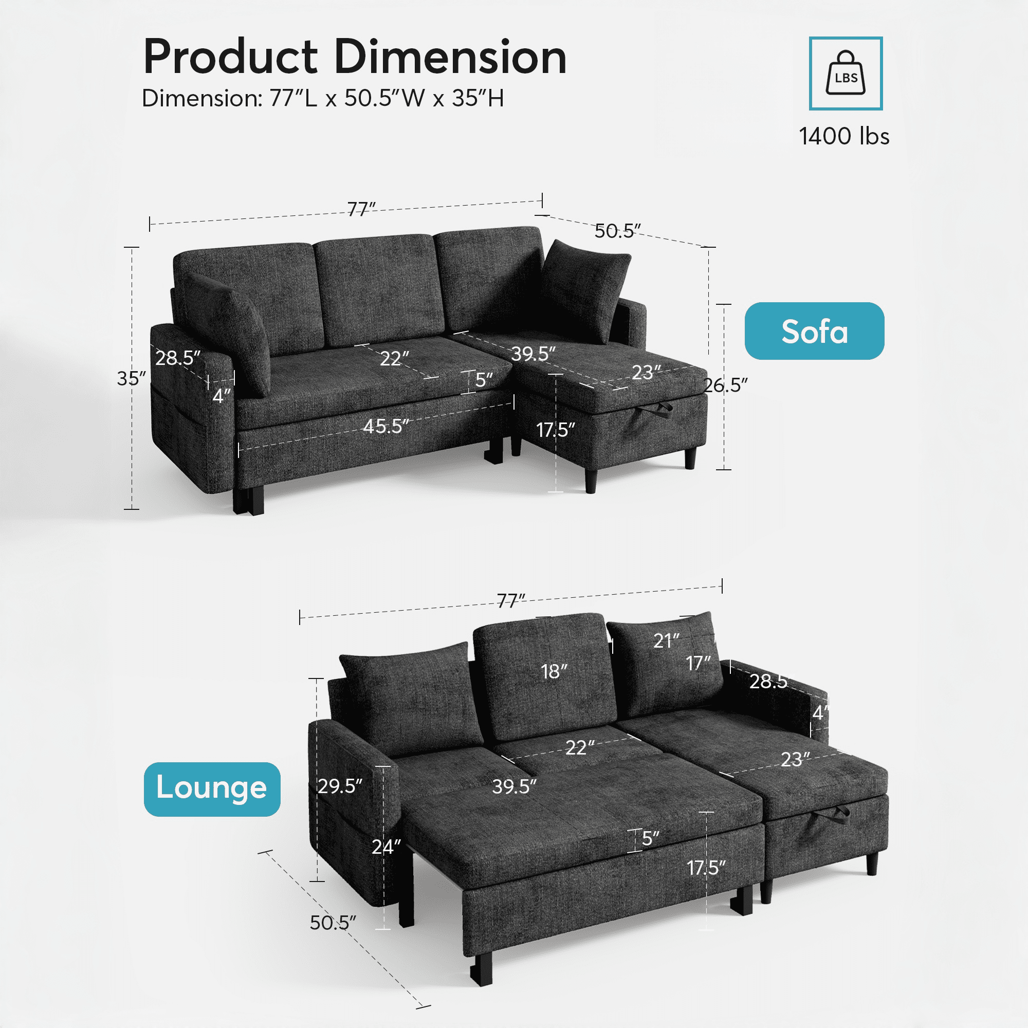 BINBANK L-Shaped Chenille Pull Out Sleeper and Storage Chaise Sectional Futon Sofa Bed with USB, Gray/Beige