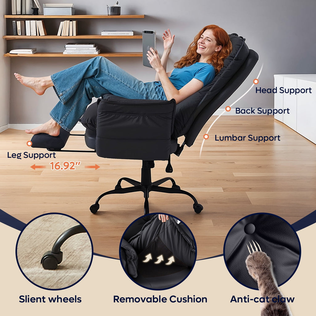 Bestier Big and Tall Executive Office Chair with Flip-up Arms for Adult, Wide Seat Ergonomic Computer Desk Chair,High Back Velvet Comfy Cross-Legged Office Chair with Footrest and Side Pockets, Black
