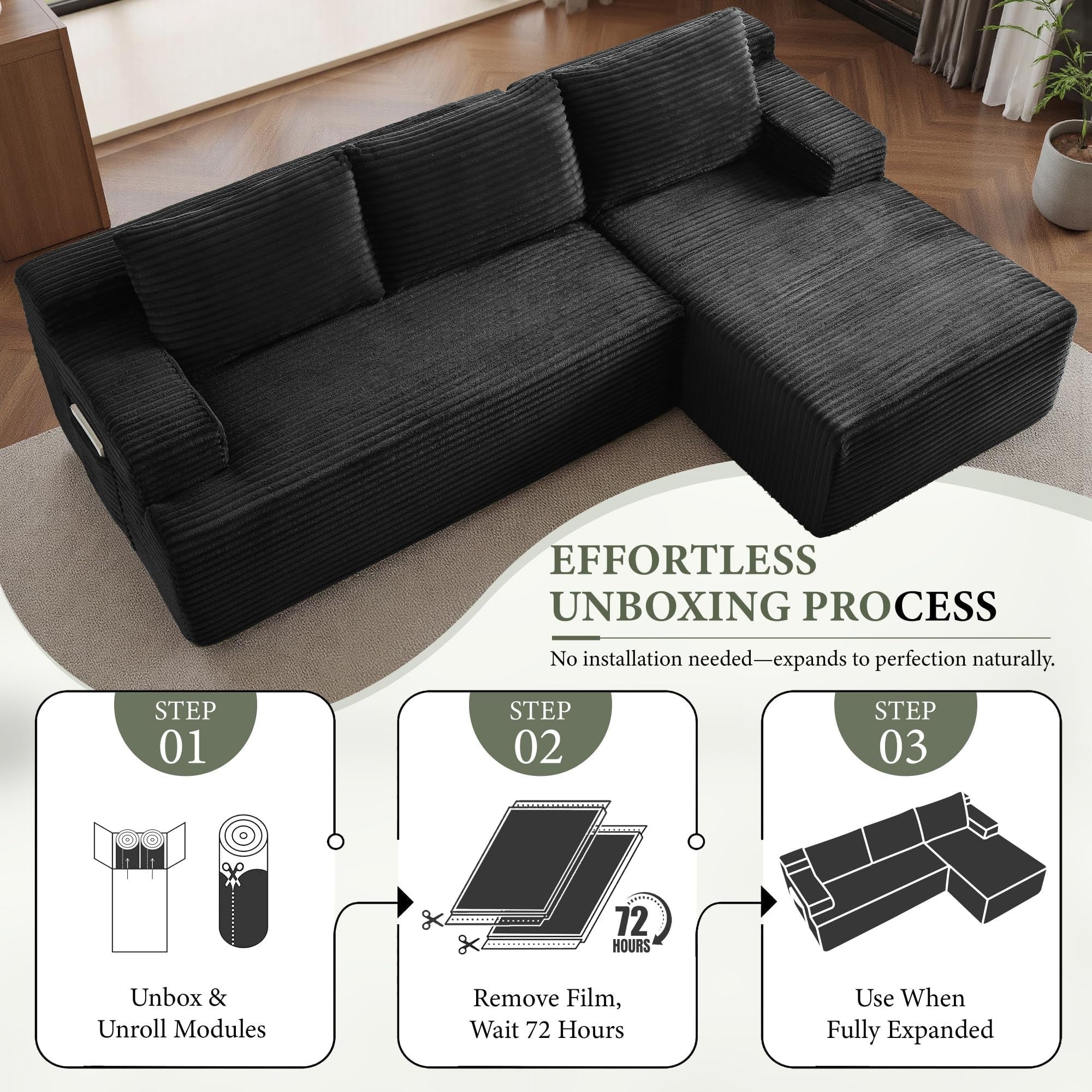 96 L-Shaped Sectional Couches for Living Room, Modular Cloud Couch with Chaise, Corduroy Deep Seat Boneless Sofa, No Assembly, Black