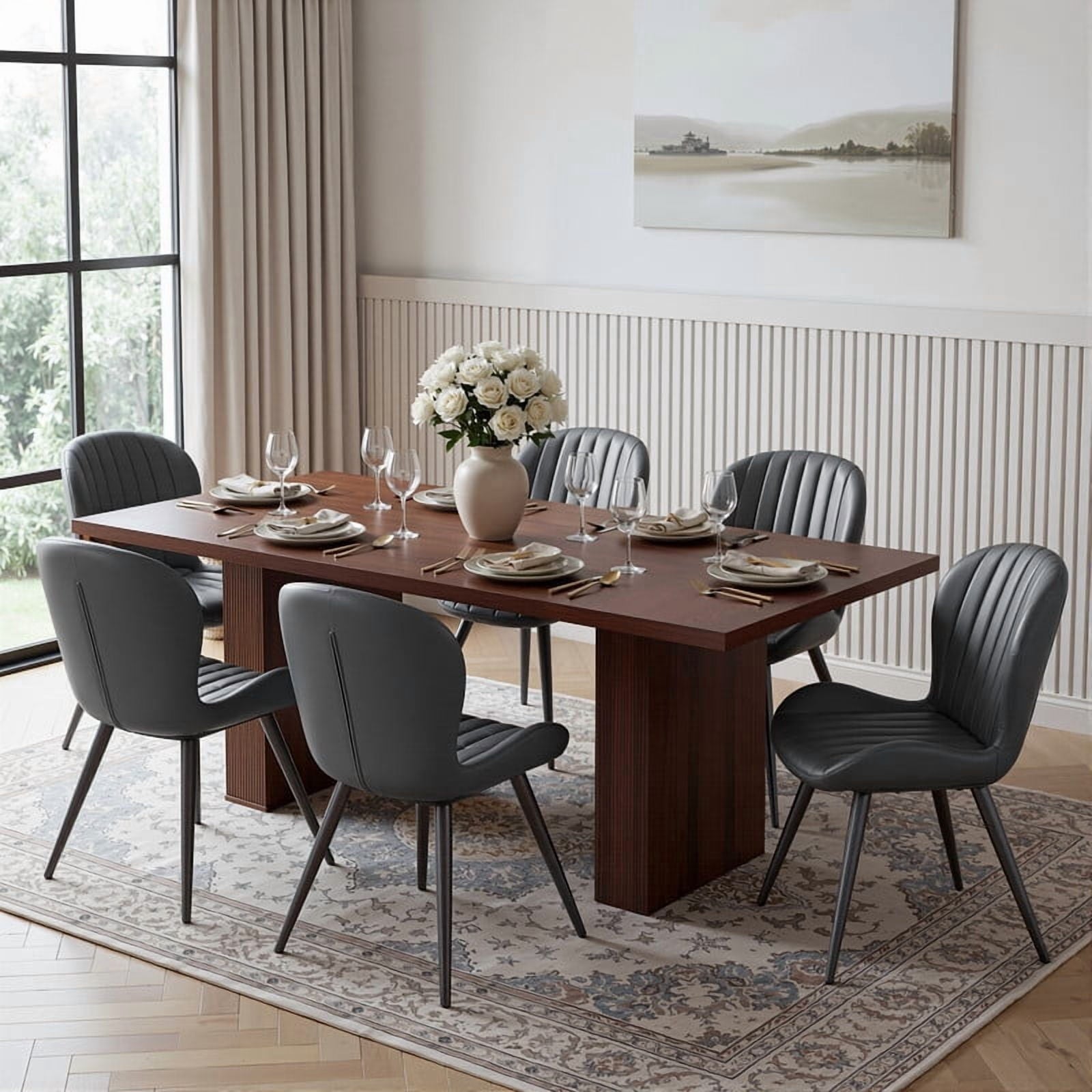 Hawsaiy Dining Table Set for 4, 78 Farmhouse Dining Table with 4 Upholstered Dining Chairs, Large Kitchen Table Set with Modern Shell Back Chairs & Metal Legs for Dining Room(Walnut + Black)