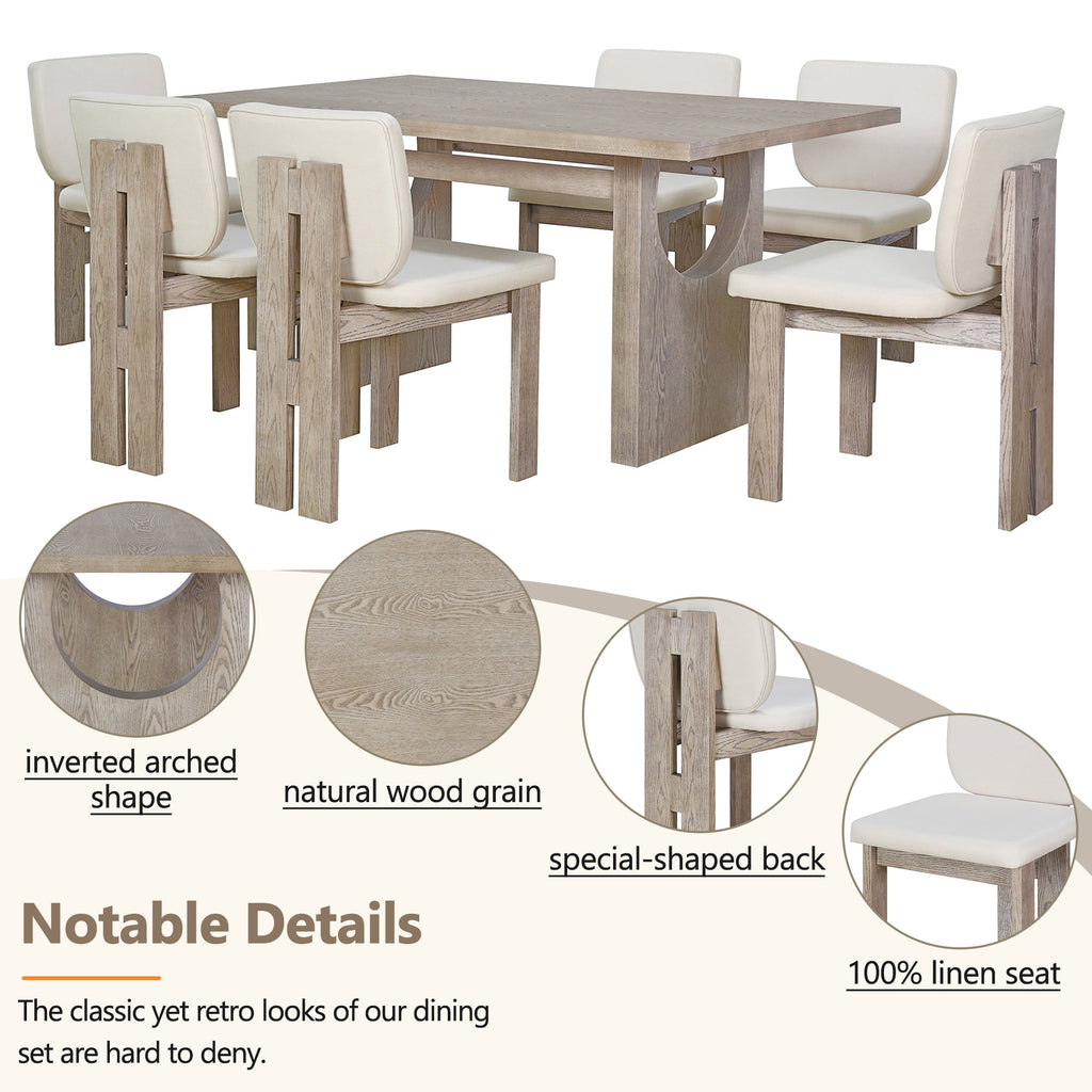 Harper & Bright Designs 7 Pieces Retro Dining Set for 6, Wood Rectangular Table with Designed Trestle Base and 6 Upholstered Chairs for Dining Room and Kitchen, Grey