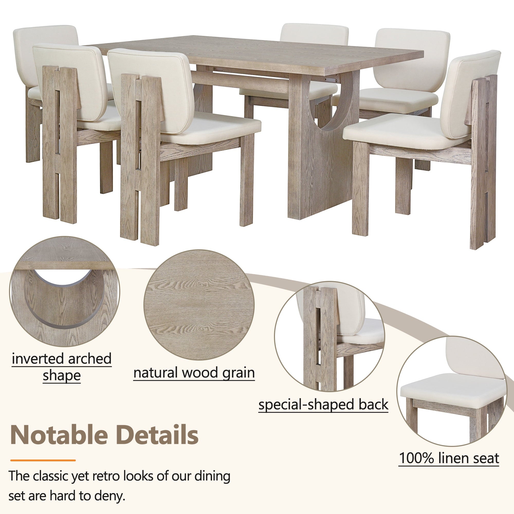 Harper & Bright Designs 7 Pieces Retro Dining Set for 6, Wood Rectangular Table with Designed Trestle Base and 6 Upholstered Chairs for Dining Room and Kitchen, Grey