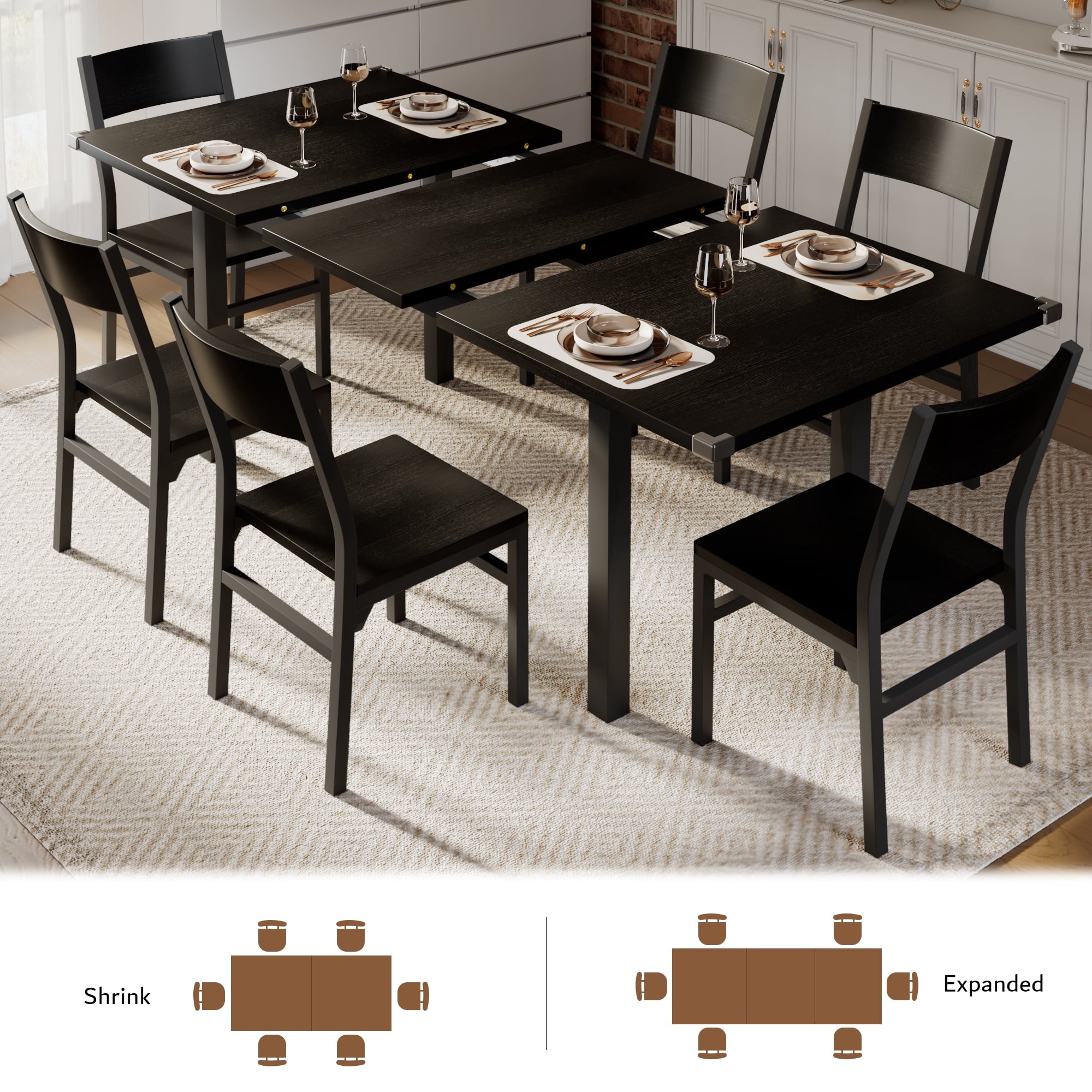 Virans 7-Piece Dining Table & Chairs Set for 4-6, 63 Extendable Kitchen Table with 6 Chairs, Dining Room Table with Metal Frame & MDF Board, Perfect for Small Space, Easy Assembly,Espresso