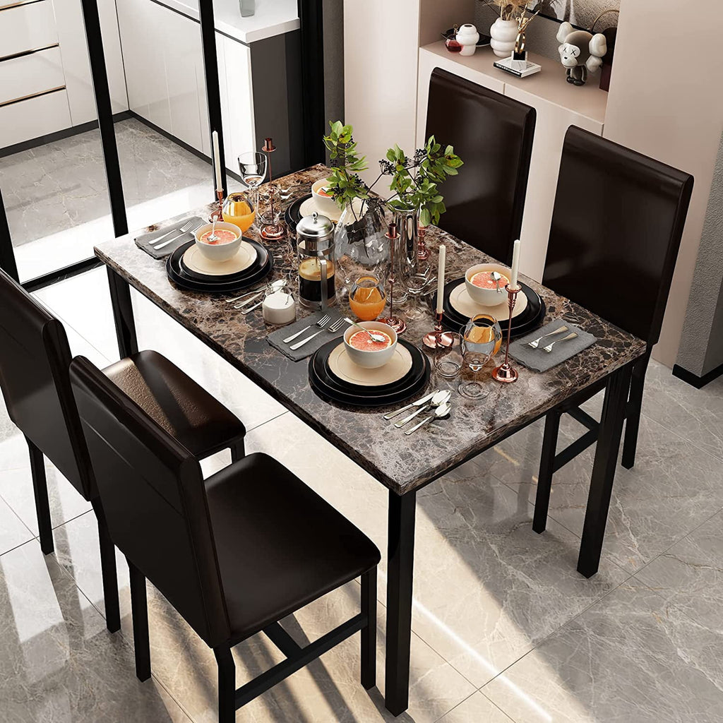 MIERES 5 Piece Dinning Table Sets for 4, Marble Kitchen Table and Chairs for 4,Dining Room Table Set with PU Leather Chairs,Faux Marble Dining Set for Small Spaces,Living Room,White+Brown