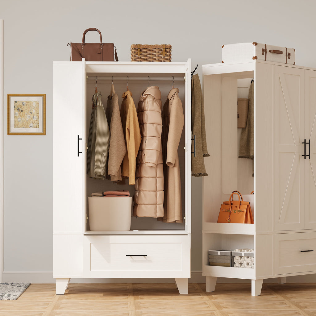 IRONCK 67 Tall Wardrobe Closet with Mirror & Drawer, White Wooden Bedroom Armoire Cabinet with Side Shelves and Hooks