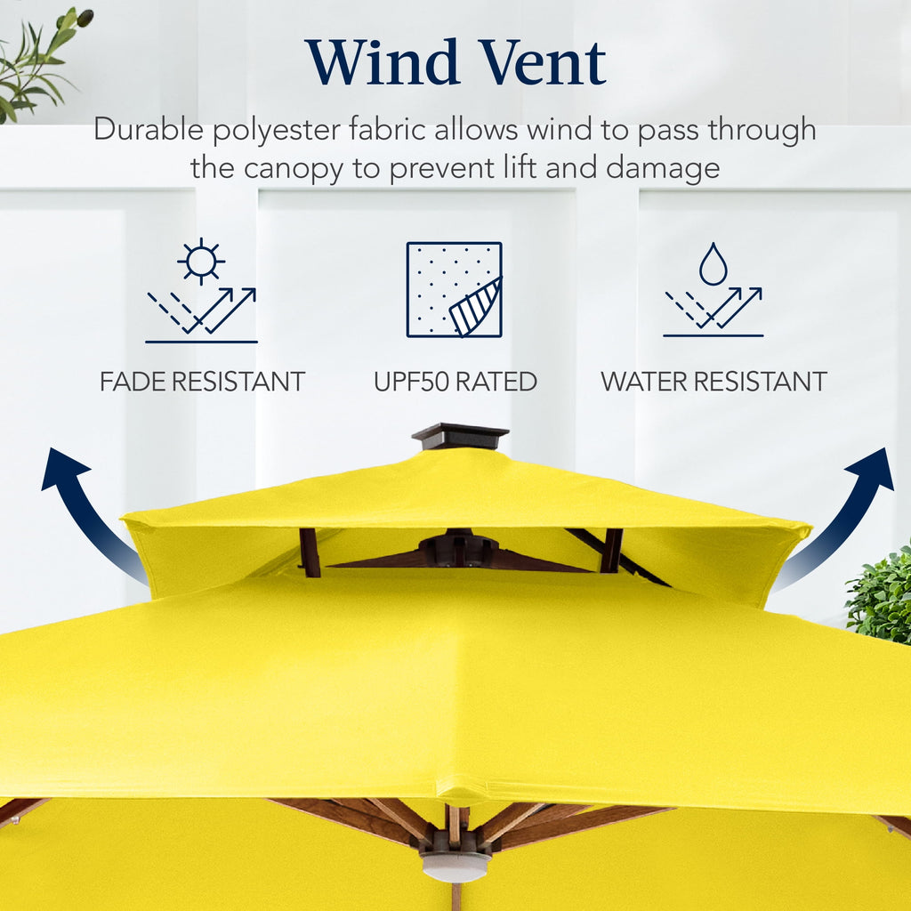 Best Choice Products 10ft Square Woodgrain Pattern 2-Tier Outdoor Solar LED Cantilever Umbrella w/ Base - Gray